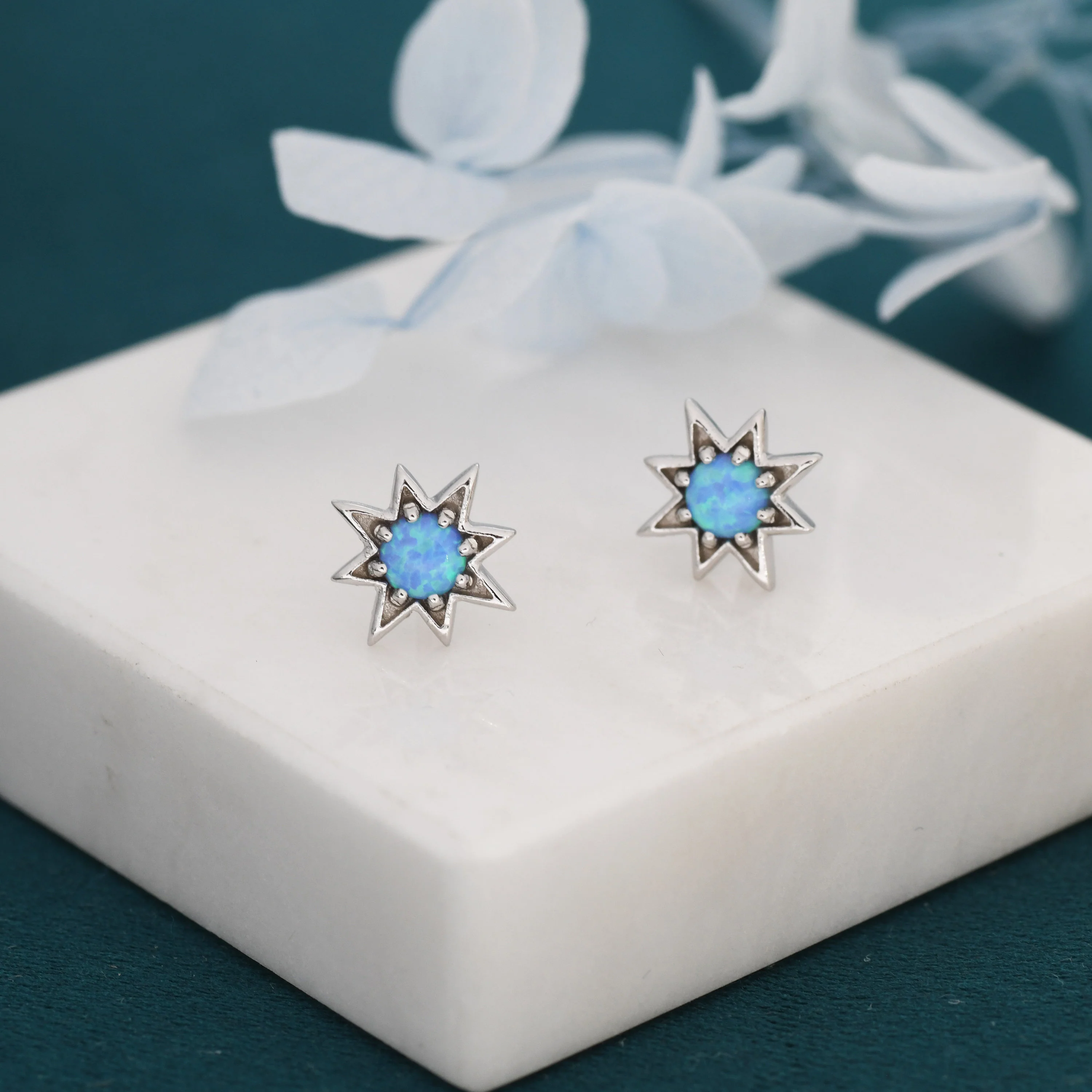 Starburst Blue Opal Stud Earrings in Sterling Silver, Silver or Gold, Star Opal Earrings, Stacking Earrings - Image 4