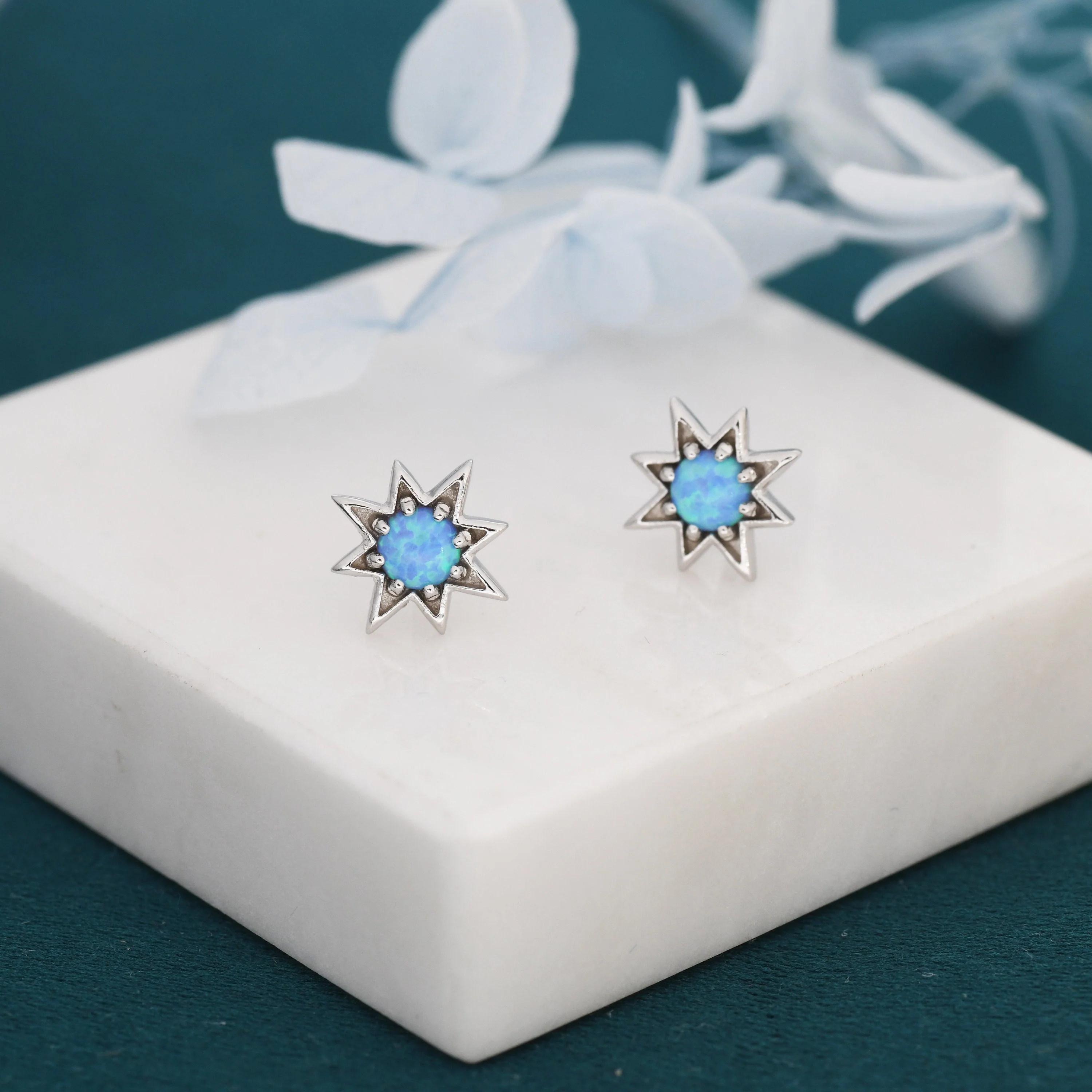 Starburst Blue Opal Stud Earrings in Sterling Silver, Silver or Gold, Star Opal Earrings, Stacking Earrings - Image 5