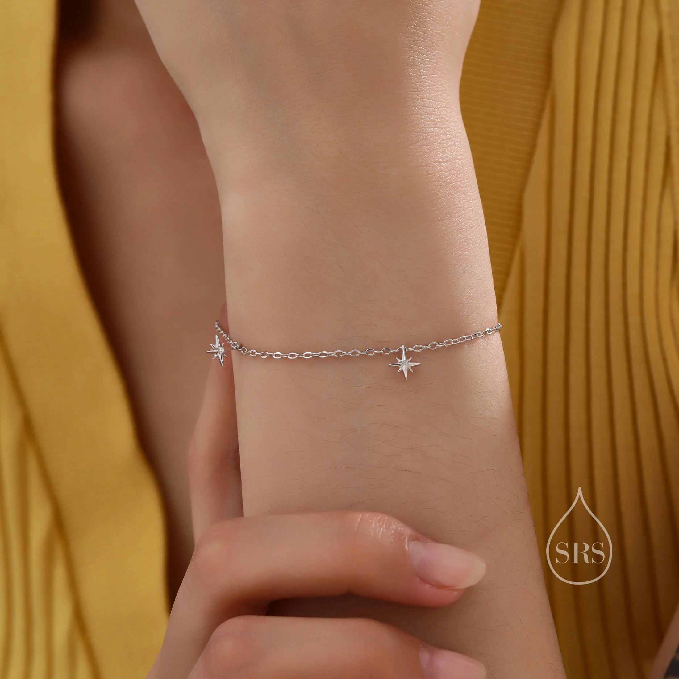 Starburst Charm Bracelet/Anklet in Sterling Silver, Silver, Gold or Rose Gold, North Star Dangle Bracelet, Sunburst Bracelet, Star Bracelet - Image 3