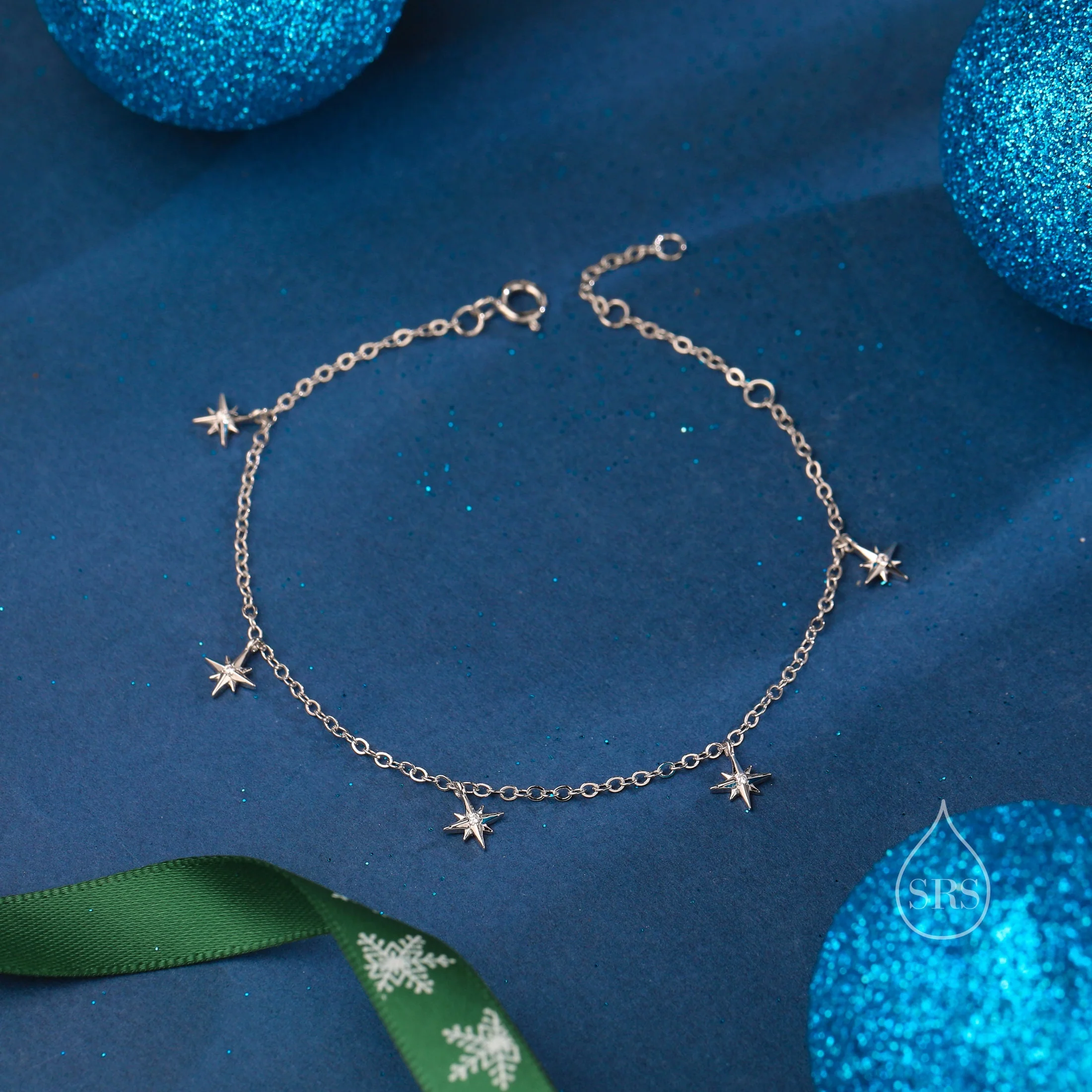Starburst Charm Bracelet/Anklet in Sterling Silver, Silver, Gold or Rose Gold, North Star Dangle Bracelet, Sunburst Bracelet, Star Bracelet - Image 4