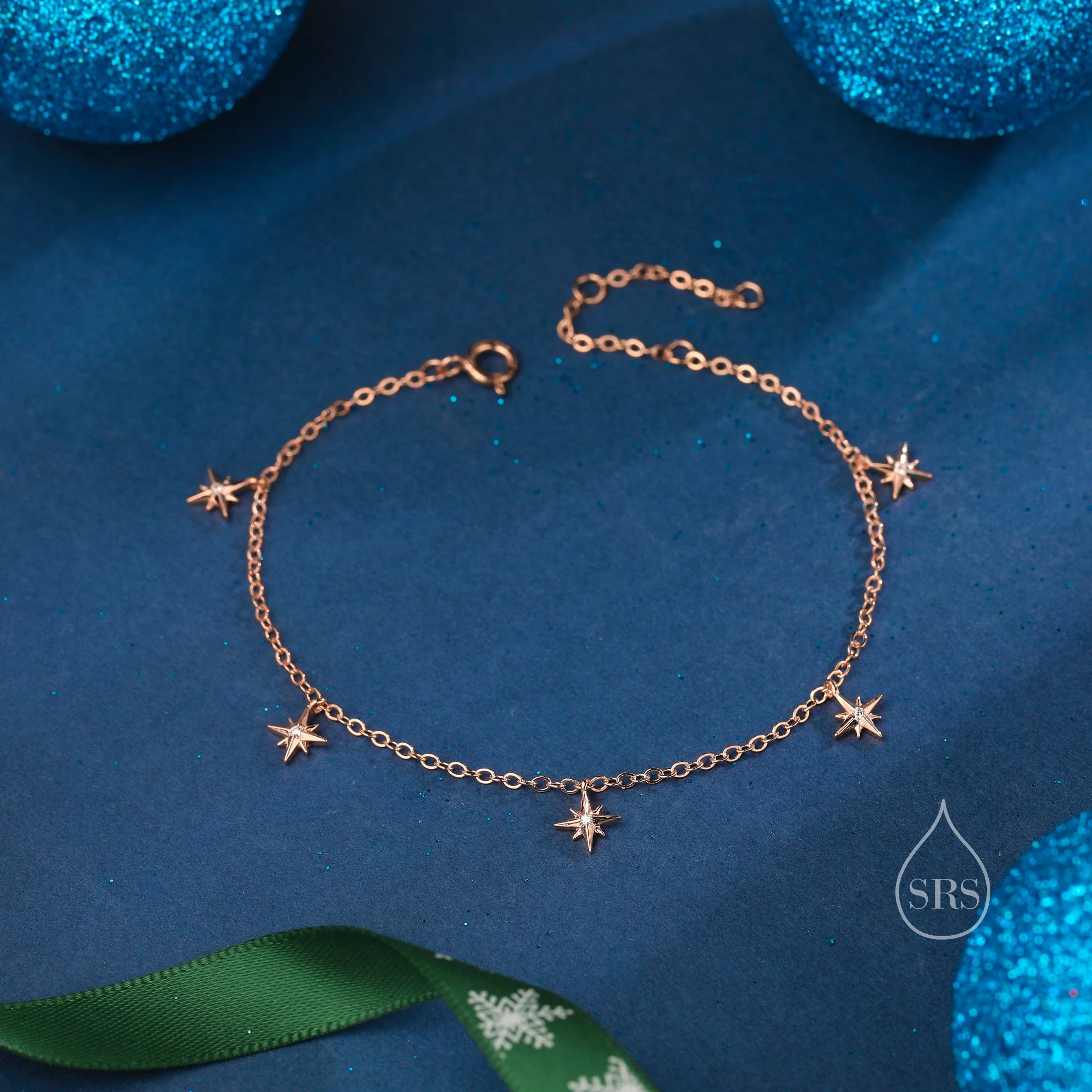 Starburst Charm Bracelet/Anklet in Sterling Silver, Silver, Gold or Rose Gold, North Star Dangle Bracelet, Sunburst Bracelet, Star Bracelet - Image 5