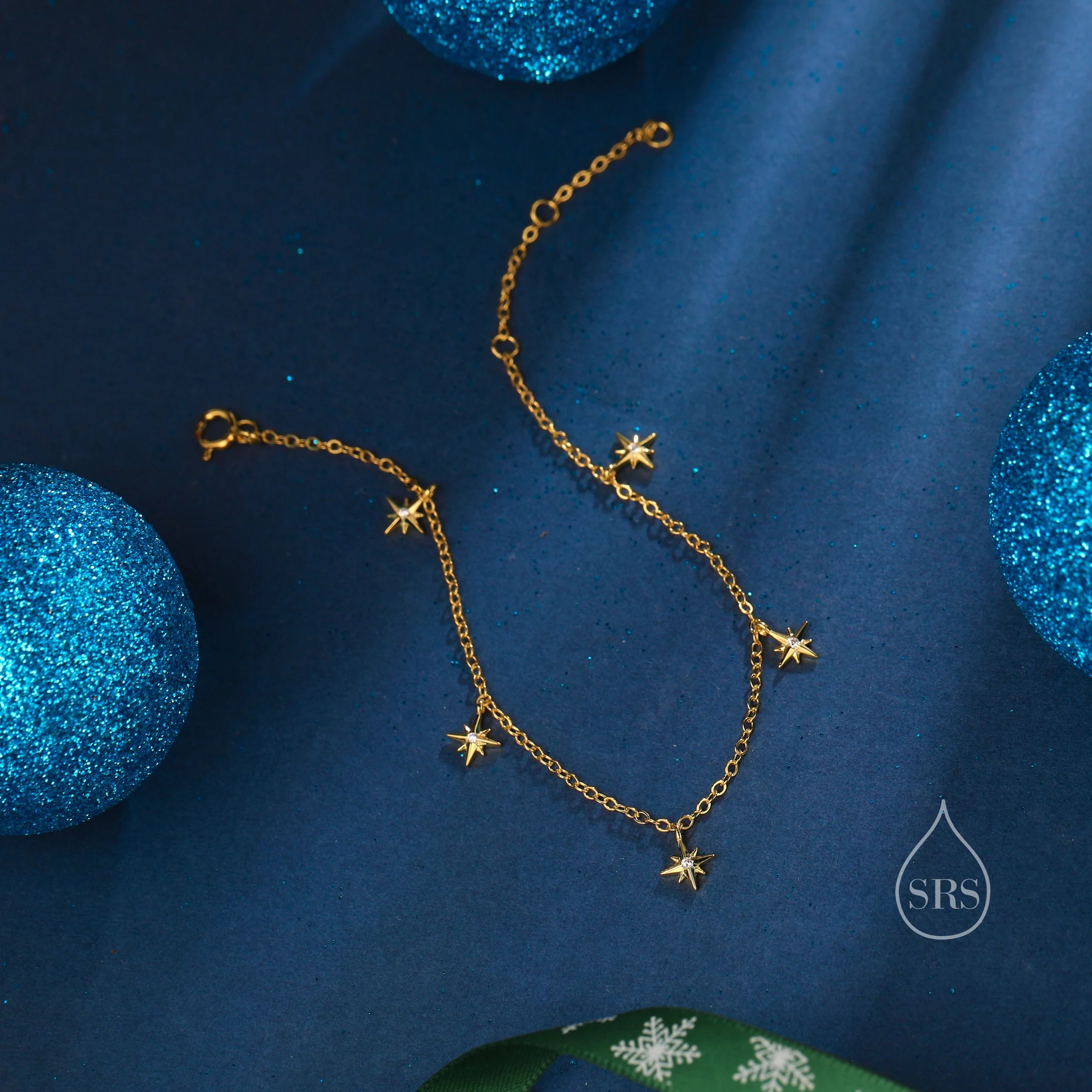 Starburst Charm Bracelet/Anklet in Sterling Silver, Silver, Gold or Rose Gold, North Star Dangle Bracelet, Sunburst Bracelet, Star Bracelet - Image 6