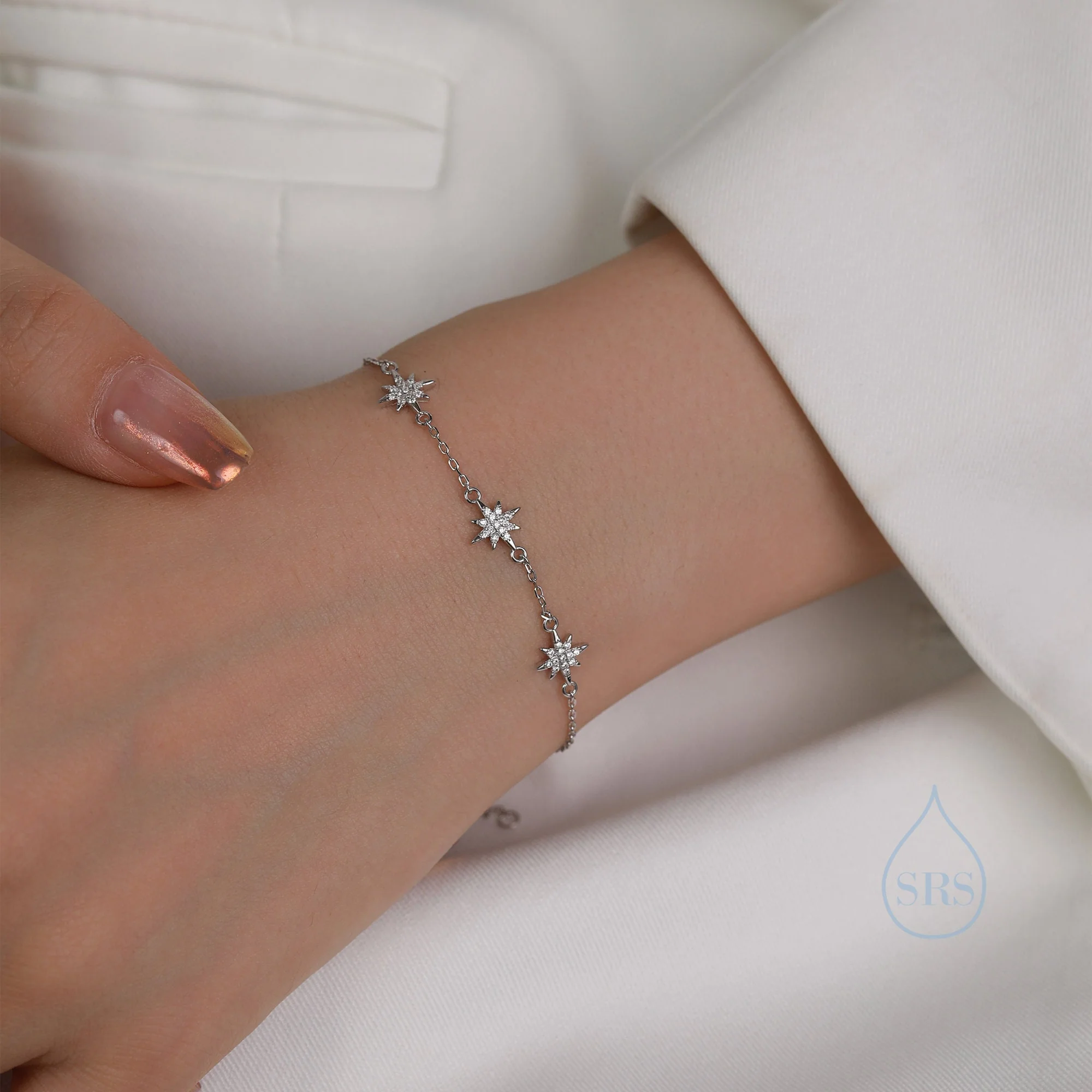 Starburst CZ Bracelet in Sterling Silver, Silver or Gold or Rose Gold, Three Star Bracelet, North Star Bracelet, Sunburst Bracelet, Star - Image 6