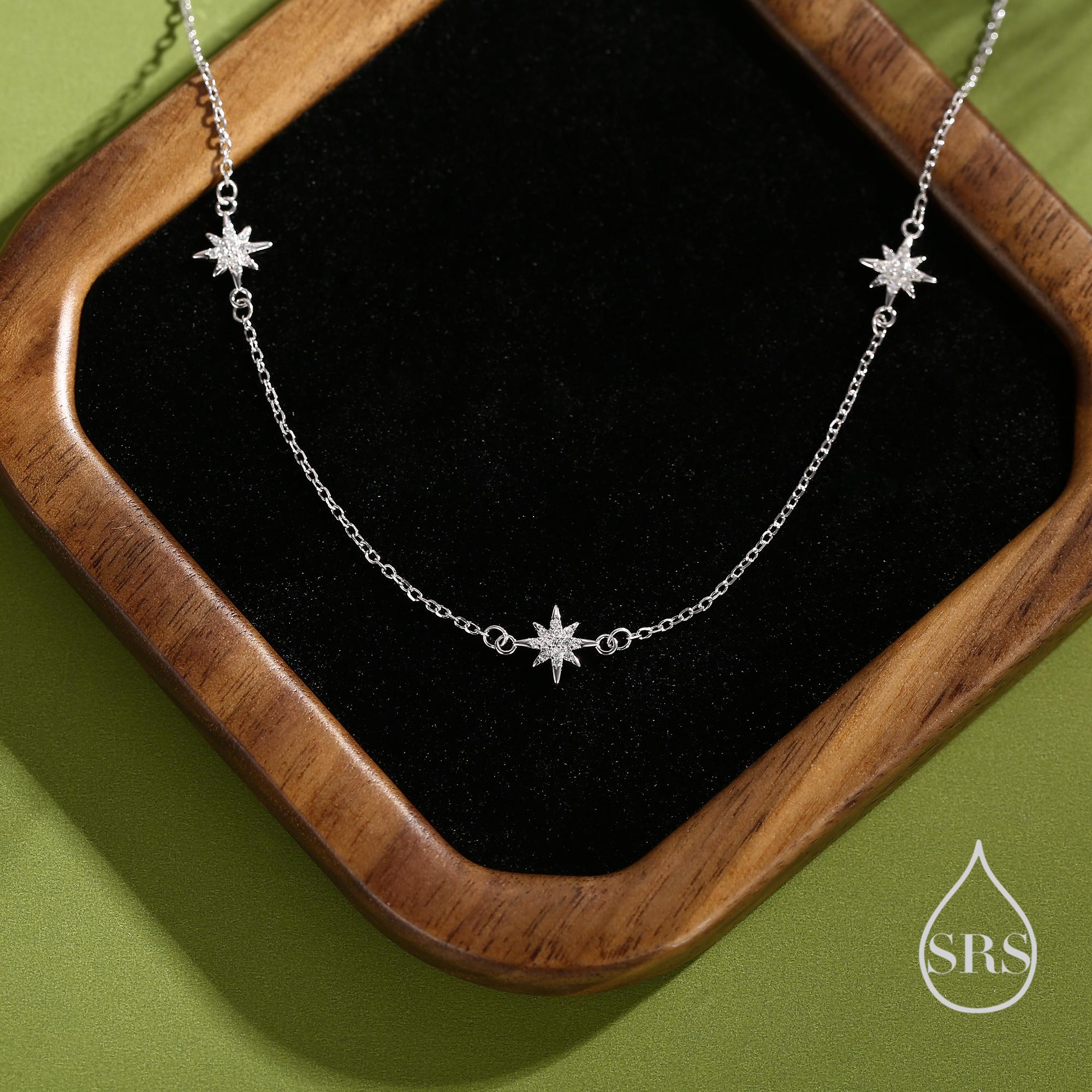 Starburst CZ Necklace in Sterling Silver, Silver or Gold or Rose Gold, Three Star Necklace, North Star Necklace, Sunburst Necklace, Star - Image 5