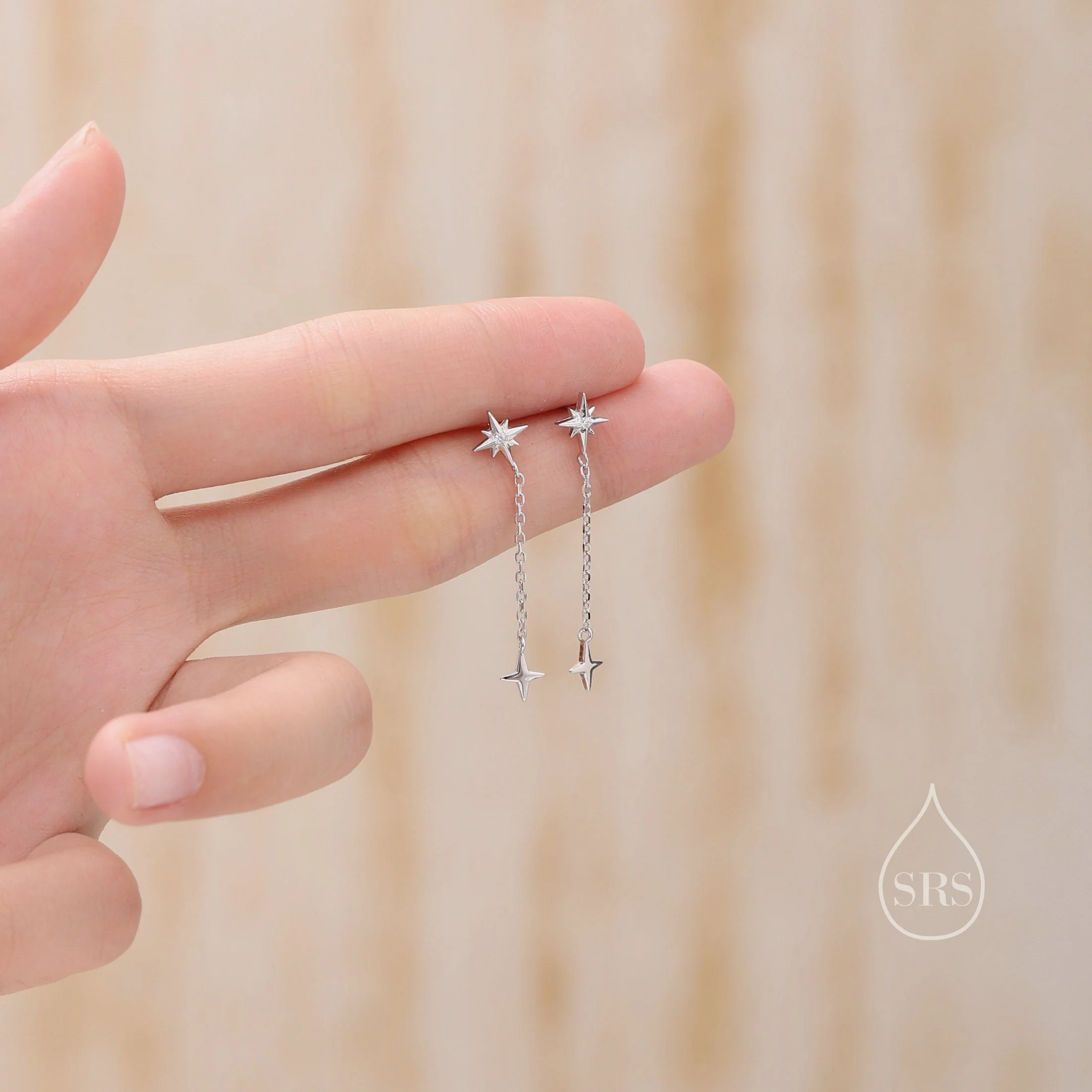 Starburst Dangle Chain Stud Earrings in Sterling Silver, Silver or Gold or Rose gold , Sterling Silver Star Earrings, North Star Earrings - Image 6