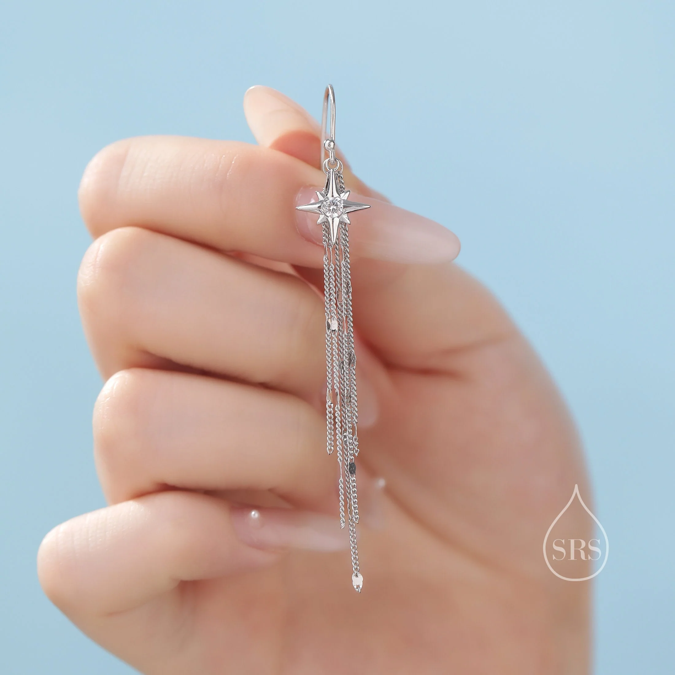 Starburst Dangle Drop Hook Earrings in Sterling Silver with Sparkle Tassels, Silver or Gold or Rose Gold, Tiny North Star Dangle Earrings - Image 3