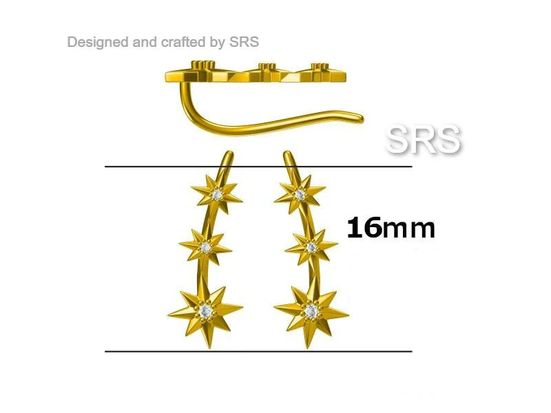 Sterling Silver Starburst Ear Crawler Earrings - Star Crawler Earrings - Silver or Gold - Three Star Earrings - Star Trio Earrings - Image 10