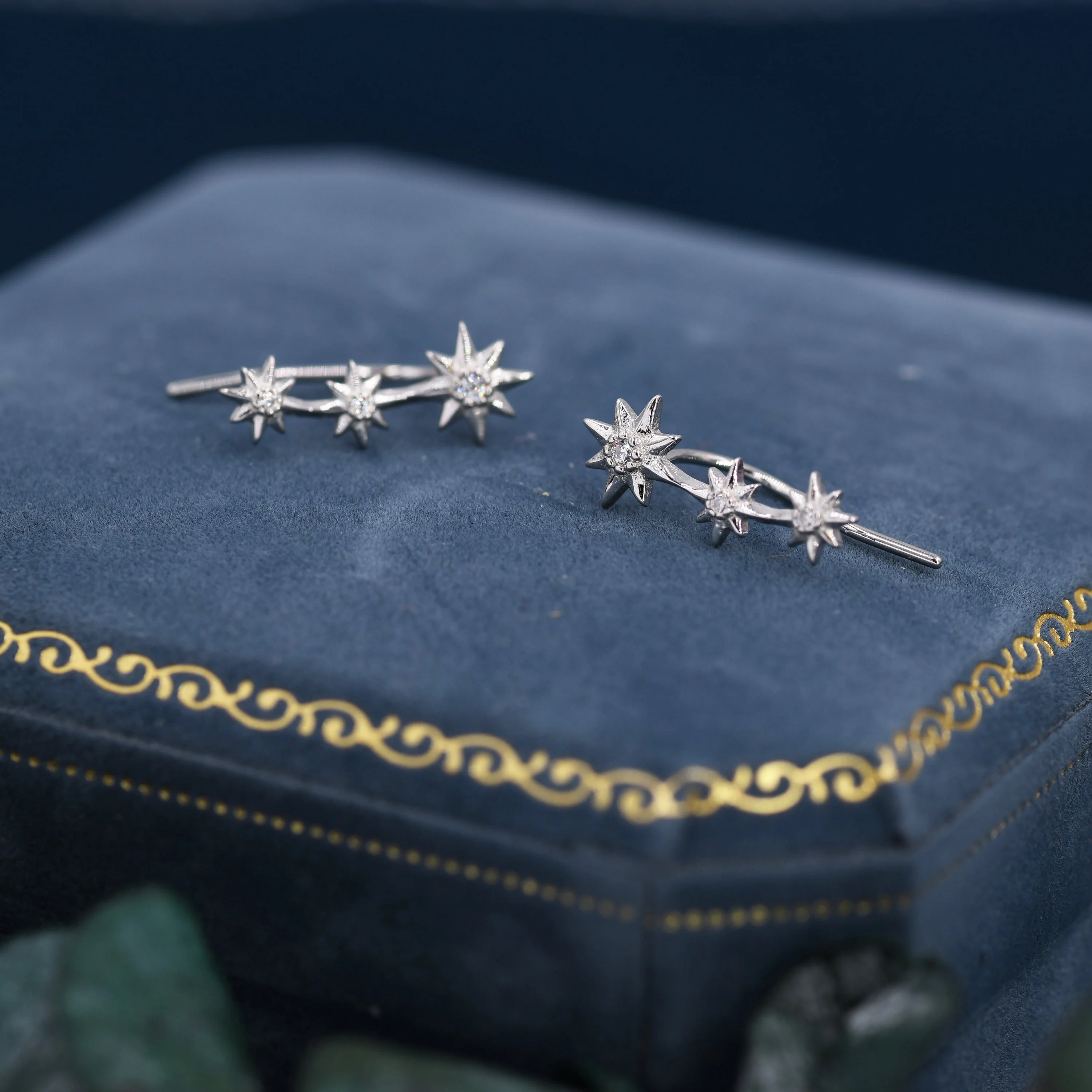 Sterling Silver Starburst Ear Crawler Earrings - Star Crawler Earrings - Silver or Gold - Three Star Earrings - Star Trio Earrings - Image 5