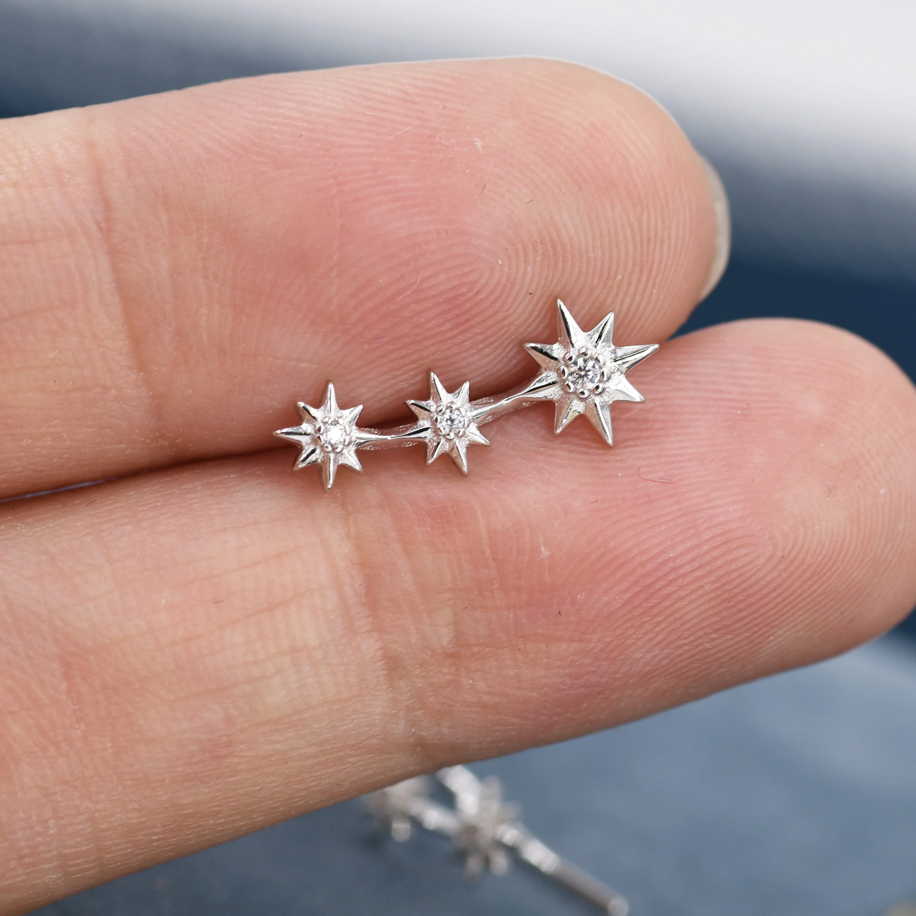 Sterling Silver Starburst Ear Crawler Earrings - Star Crawler Earrings - Silver or Gold - Three Star Earrings - Star Trio Earrings - Image 6