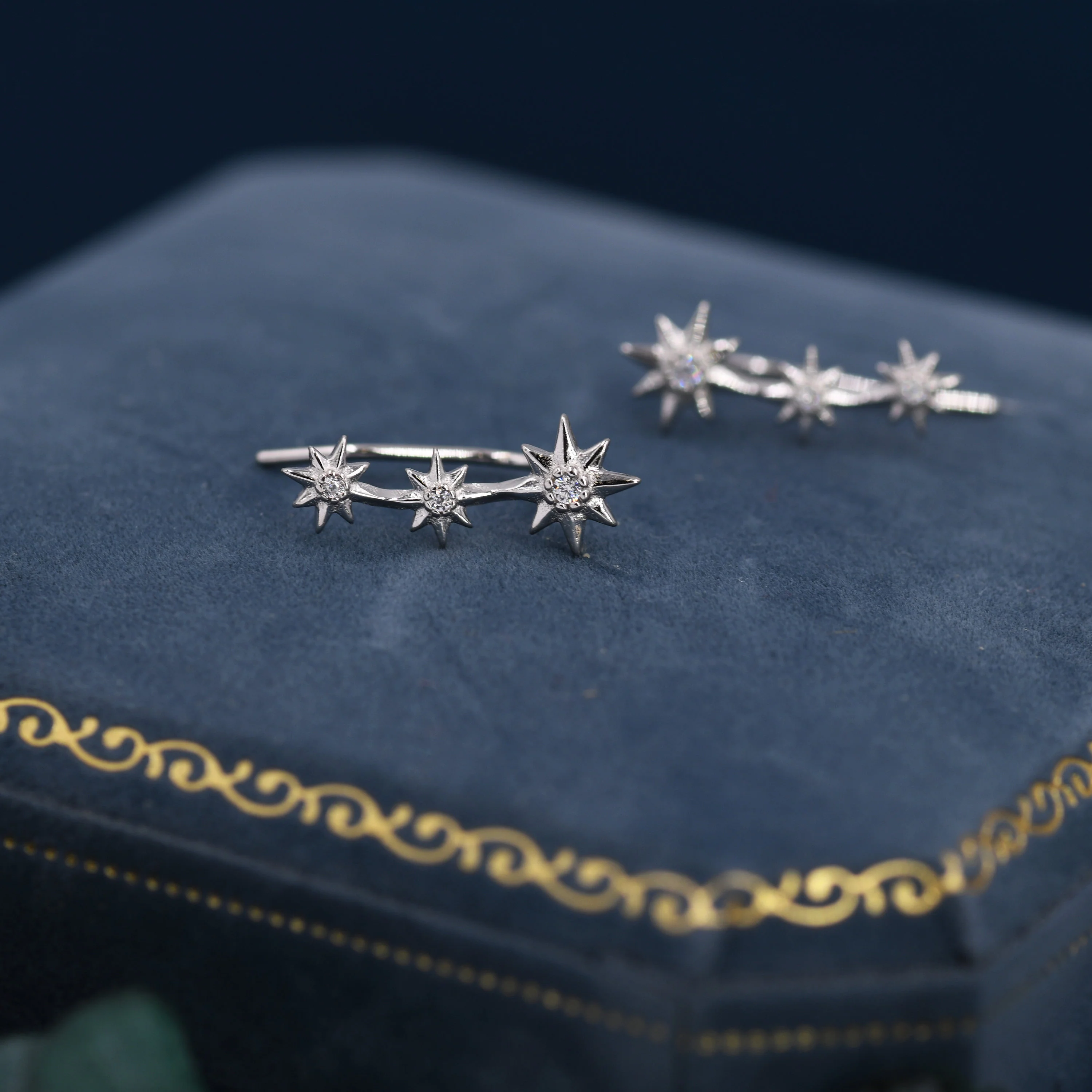 Sterling Silver Starburst Ear Crawler Earrings - Star Crawler Earrings - Silver or Gold - Three Star Earrings - Star Trio Earrings - Image 4
