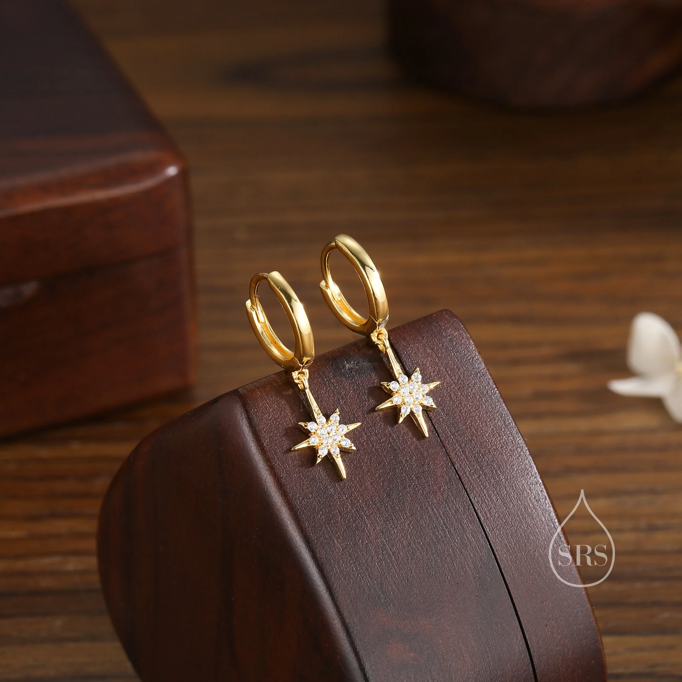 Starburst Huggie Hoop Earrings in Sterling Silver with Dangling Star Burst Charms, Celestial Geometric Design - Image 3