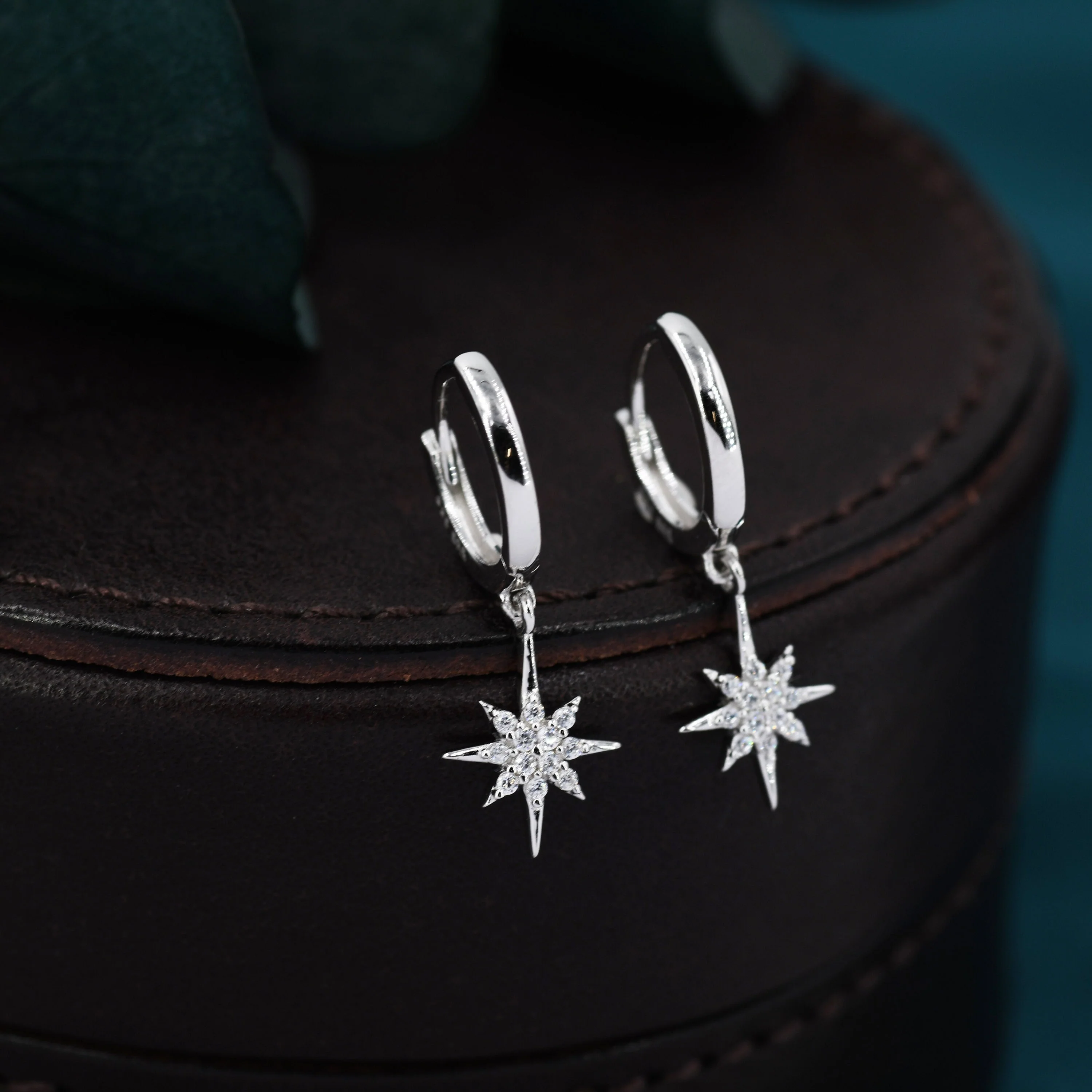 Starburst Huggie Hoop Earrings in Sterling Silver with Dangling Star Burst Charms, Celestial Geometric Design - Image 4