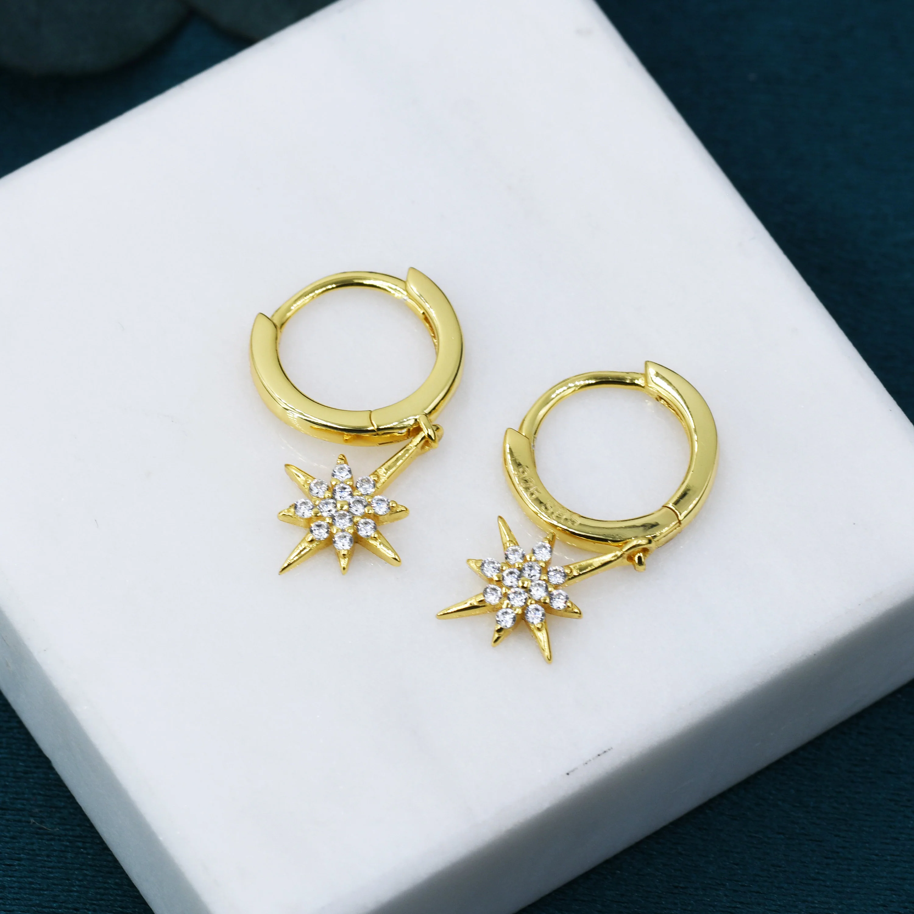 Starburst Huggie Hoop Earrings in Sterling Silver with Dangling Star Burst Charms, Celestial Geometric Design - Image 5