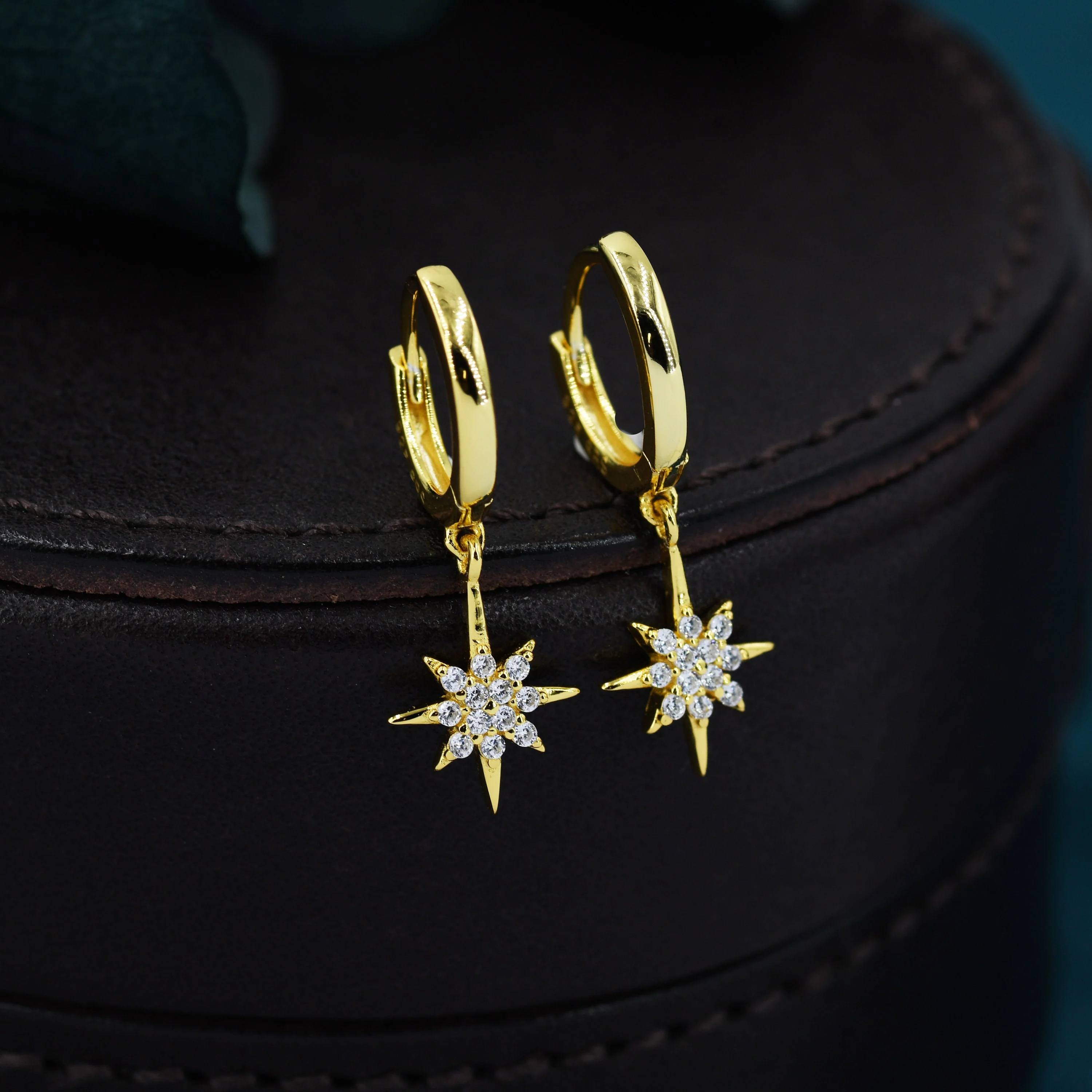 Starburst Huggie Hoop Earrings in Sterling Silver with Dangling Star Burst Charms, Celestial Geometric Design - Image 6