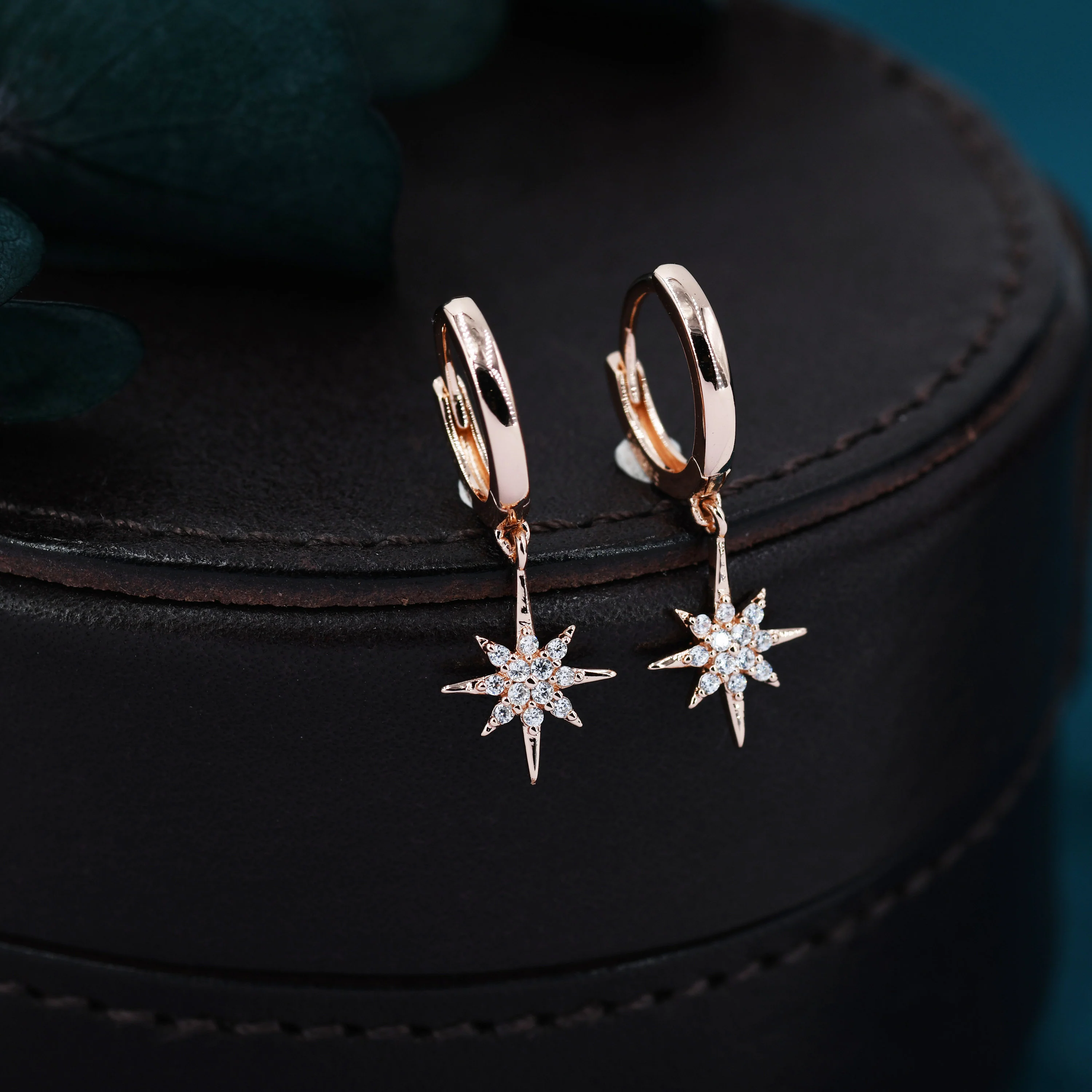 Starburst Huggie Hoop Earrings in Sterling Silver with Dangling Star Burst Charms, Celestial Geometric Design - Image 7