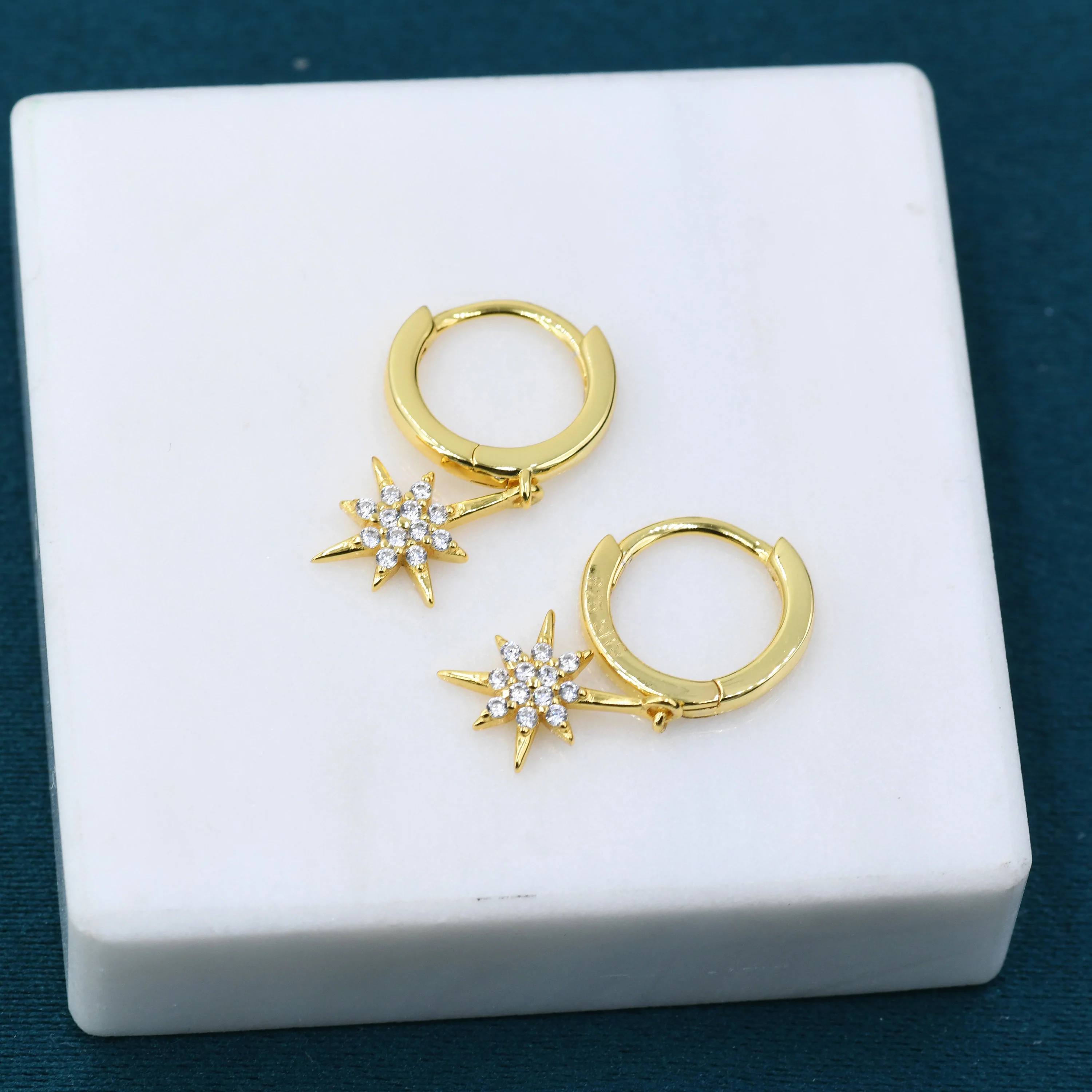 Starburst Huggie Hoop Earrings in Sterling Silver with Dangling Star Burst Charms, Celestial Geometric Design - Image 8