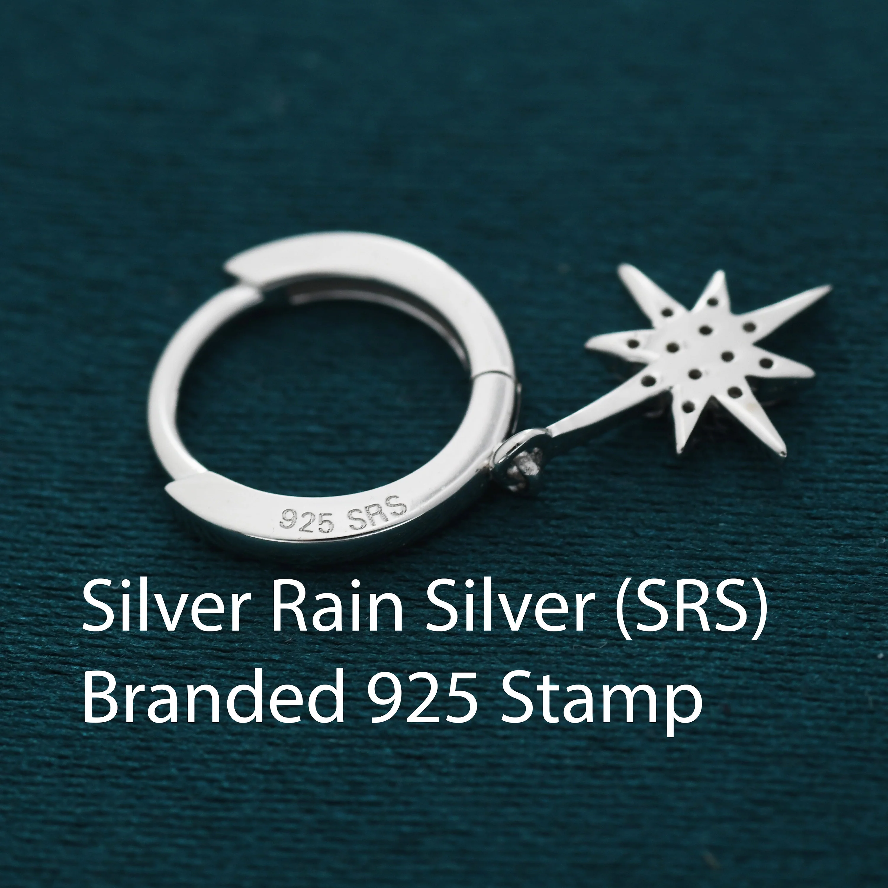 Starburst Huggie Hoop Earrings in Sterling Silver with Dangling Star Burst Charms, Celestial Geometric Design - Image 9