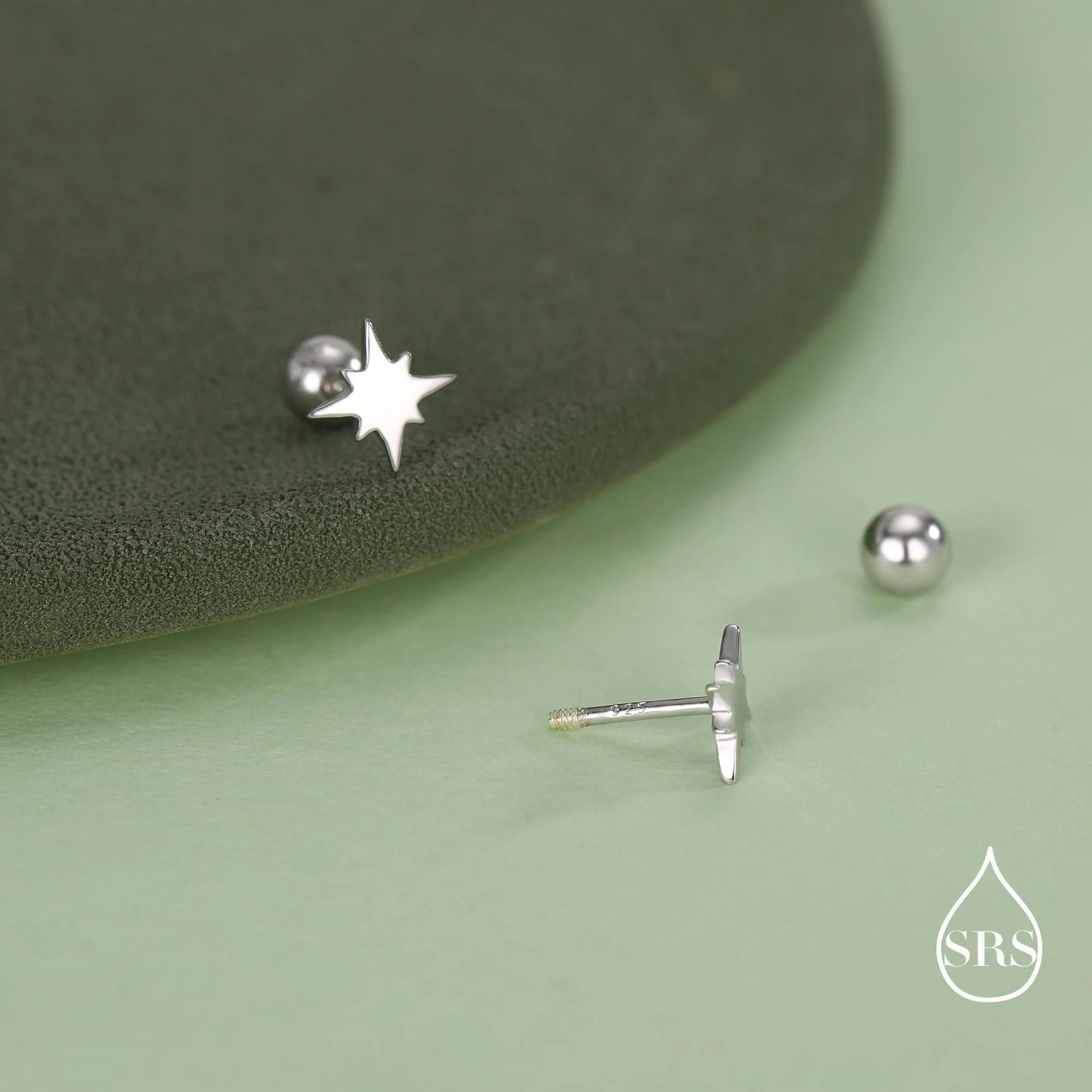 Starburst Screw Back Earrings in Sterling Silver, Tiny Star Barbell Earrings - Image 3
