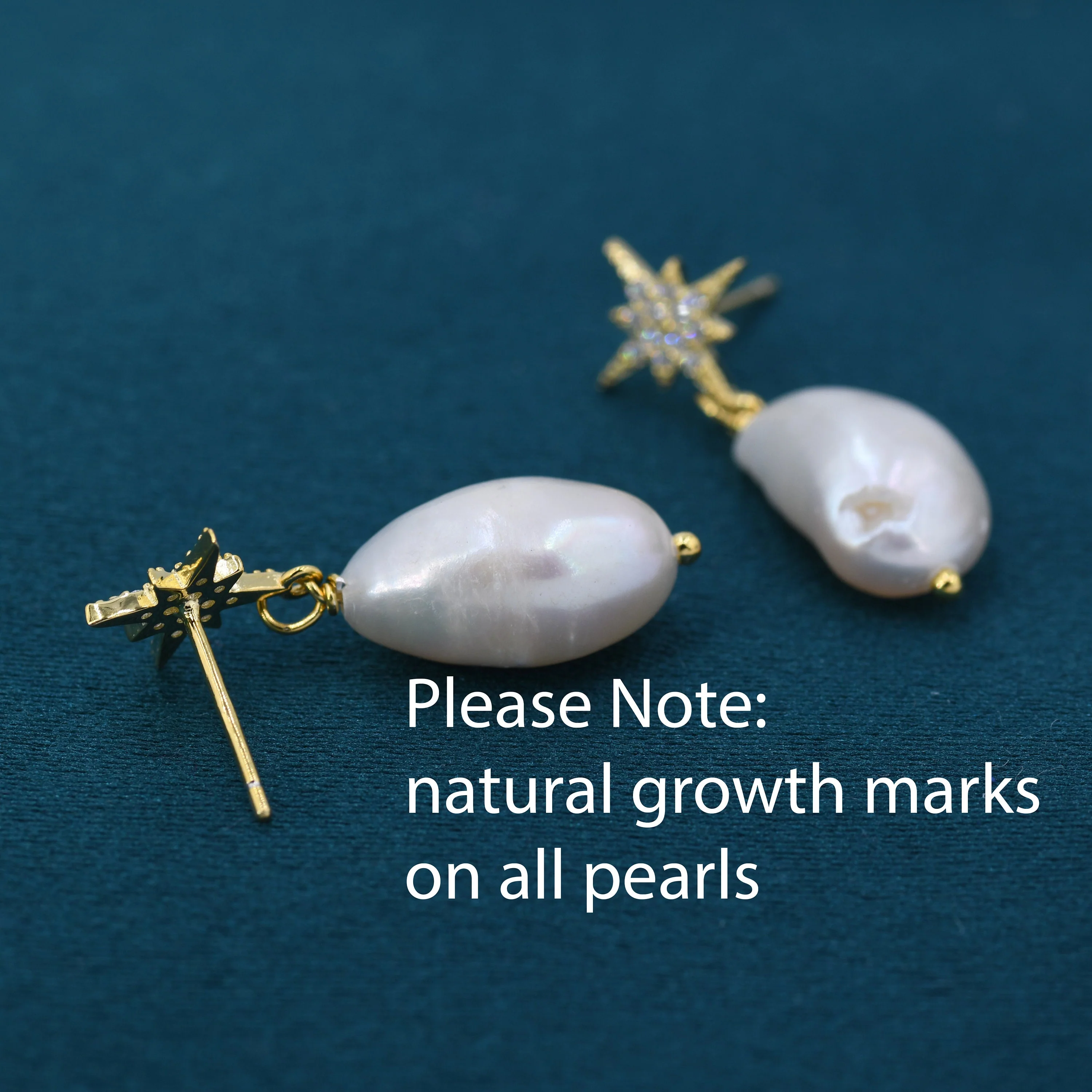 Starburst Star with Dangling Baroque Pearl Drop Earrings in Sterling Silver, Keshi Pearl Earrings,  Genuine Freshwater Pearls - Image 2