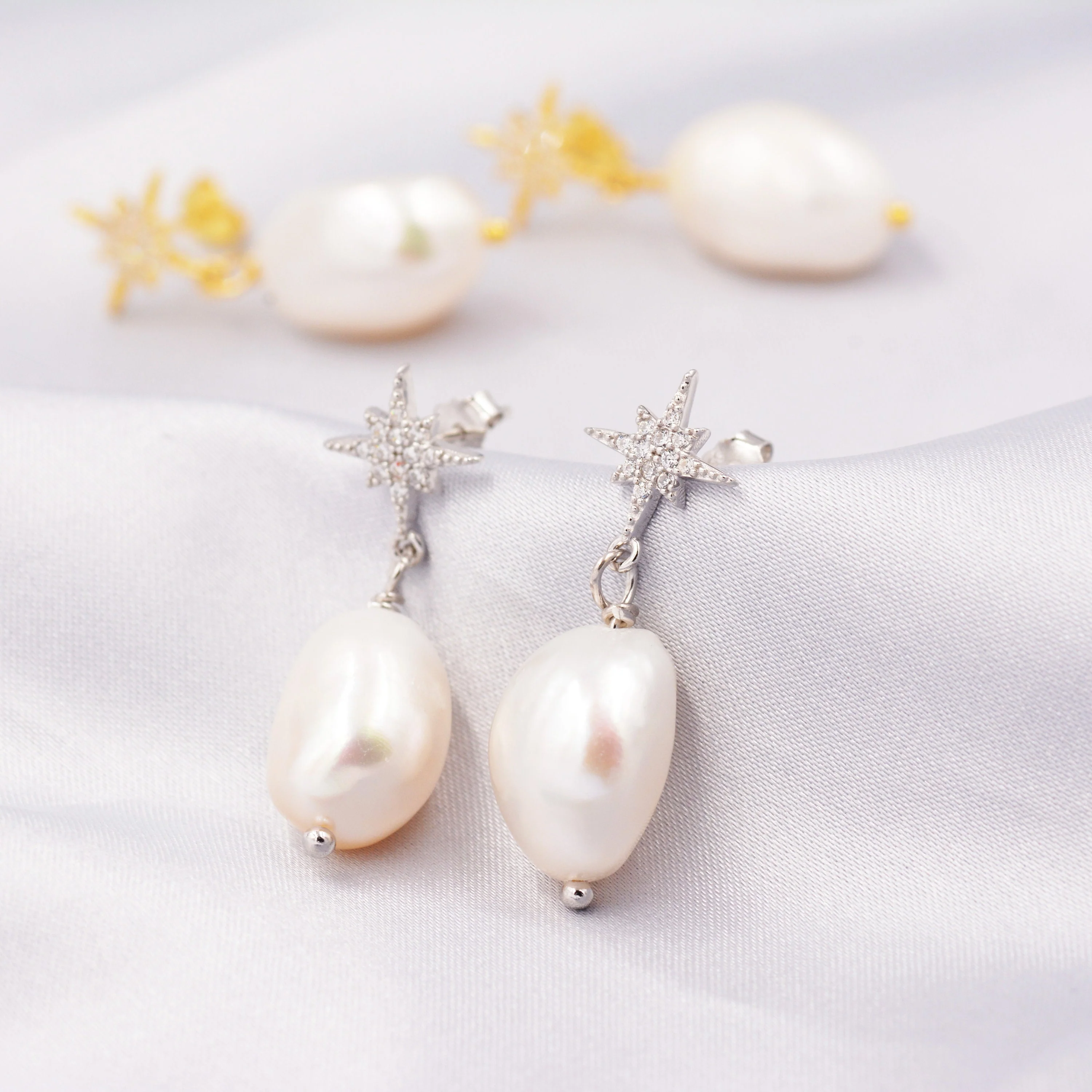 Starburst Star with Dangling Baroque Pearl Drop Earrings in Sterling Silver, Keshi Pearl Earrings,  Genuine Freshwater Pearls - Image 6