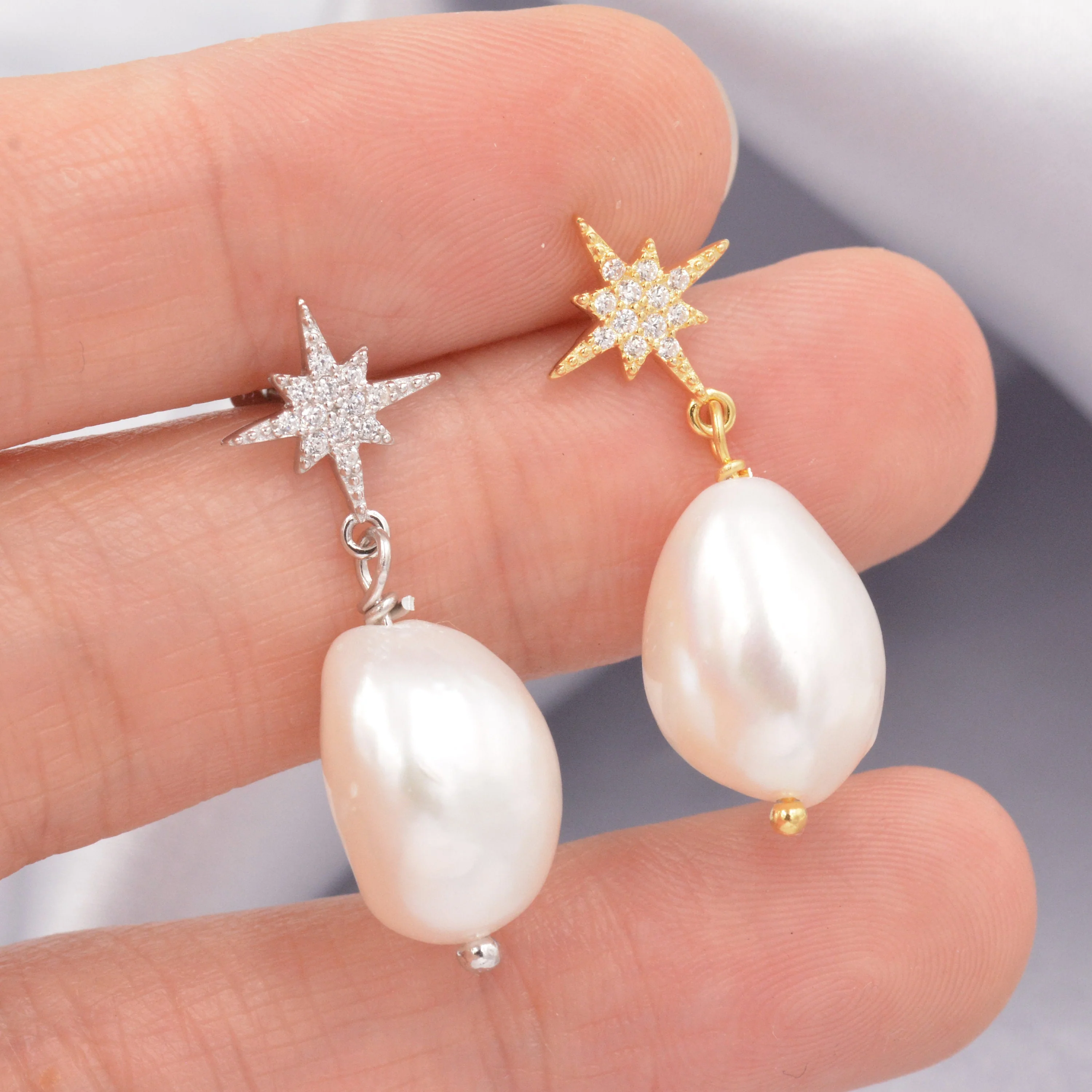 Starburst Star with Dangling Baroque Pearl Earrings in Sterling Silver, Keshi Pearl Drop Earrings,   Genuine Freshwater Pearls - Image 2