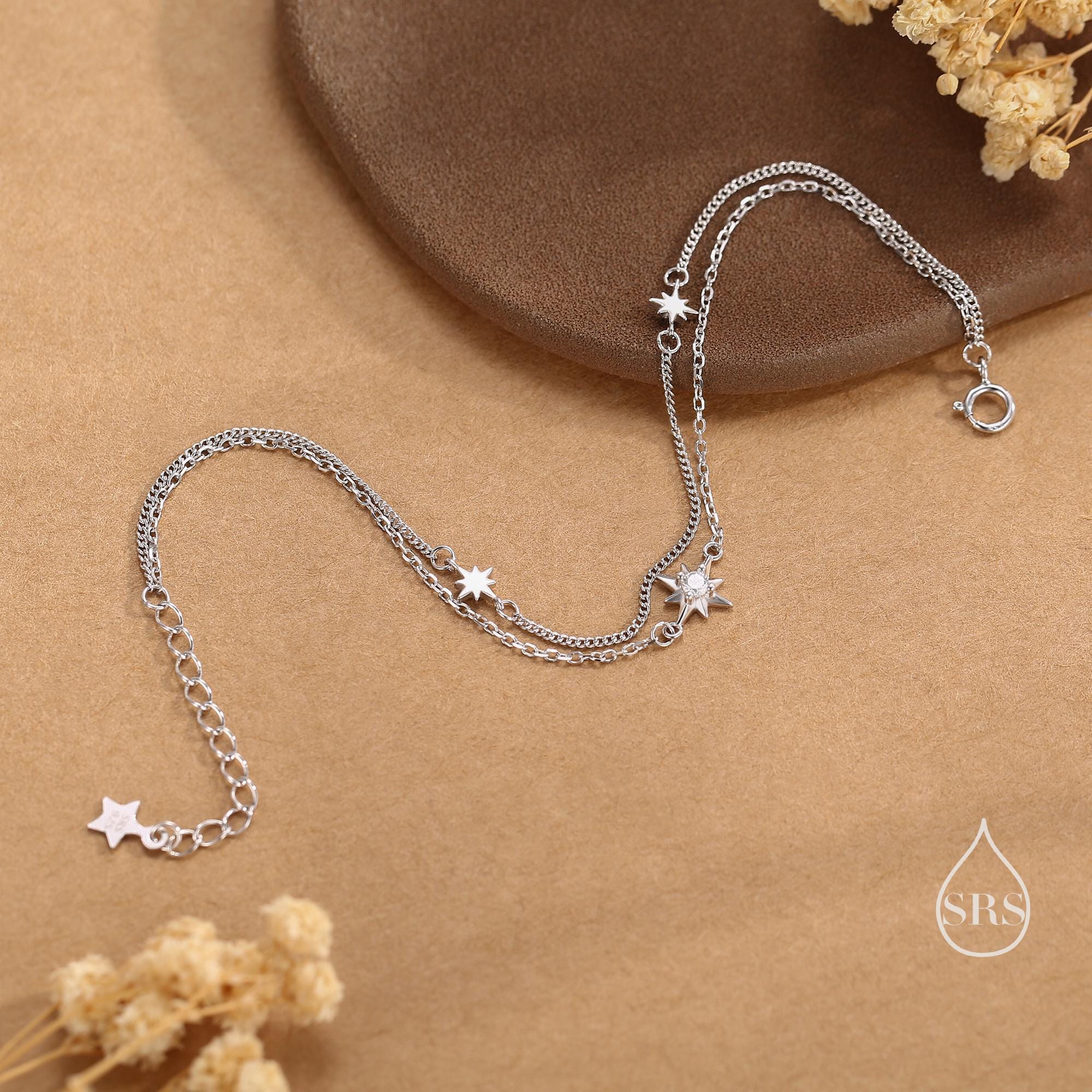 Starburst Two Layer Bracelet in Sterling Silver with Star Motif, Silver or Gold or Rose Gold, Double Layer Star Bracelet, Starburst Bracelet - Image 2