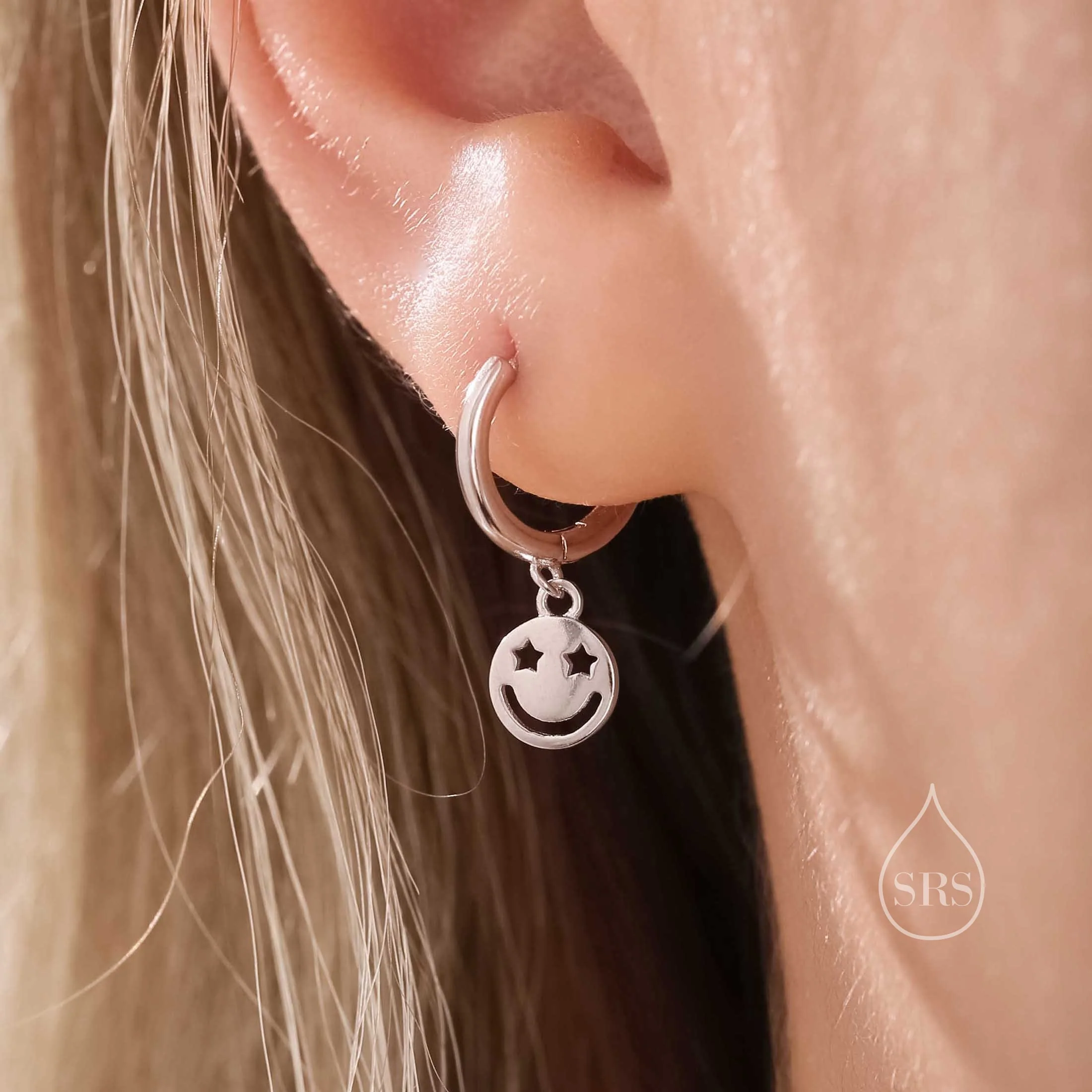 Starry Eyed Face Huggie Hoop Earrings in Sterling Silver, Silver or Gold or Rose Gold, Sterling Silver Starry Eyed Earrings