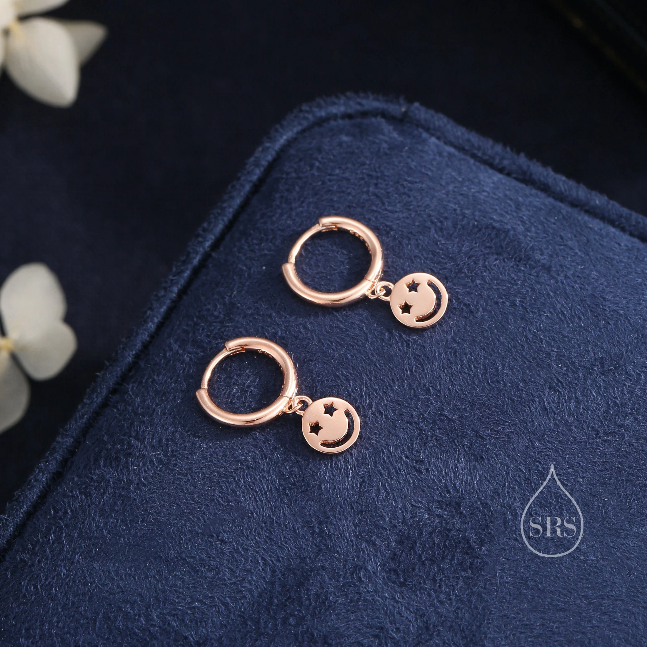 Starry Eyed Face Huggie Hoop Earrings in Sterling Silver, Silver or Gold or Rose Gold, Sterling Silver Starry Eyed Earrings - Image 6