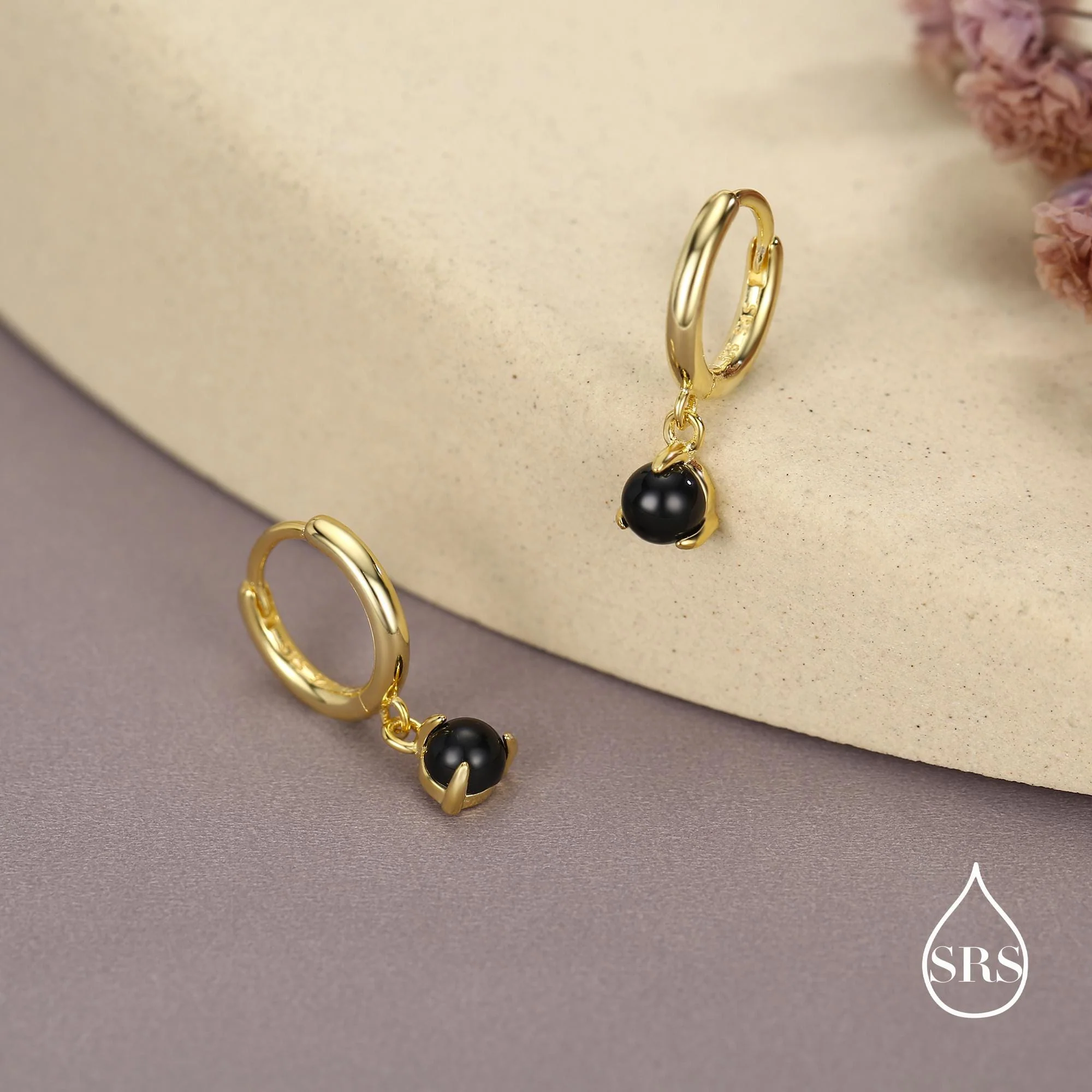 Sterling Silver 4mm Black Onyx Hoop Earrings, Natural Black Onyx Dangle Hoop Earrings, Silver or Gold - Image 6