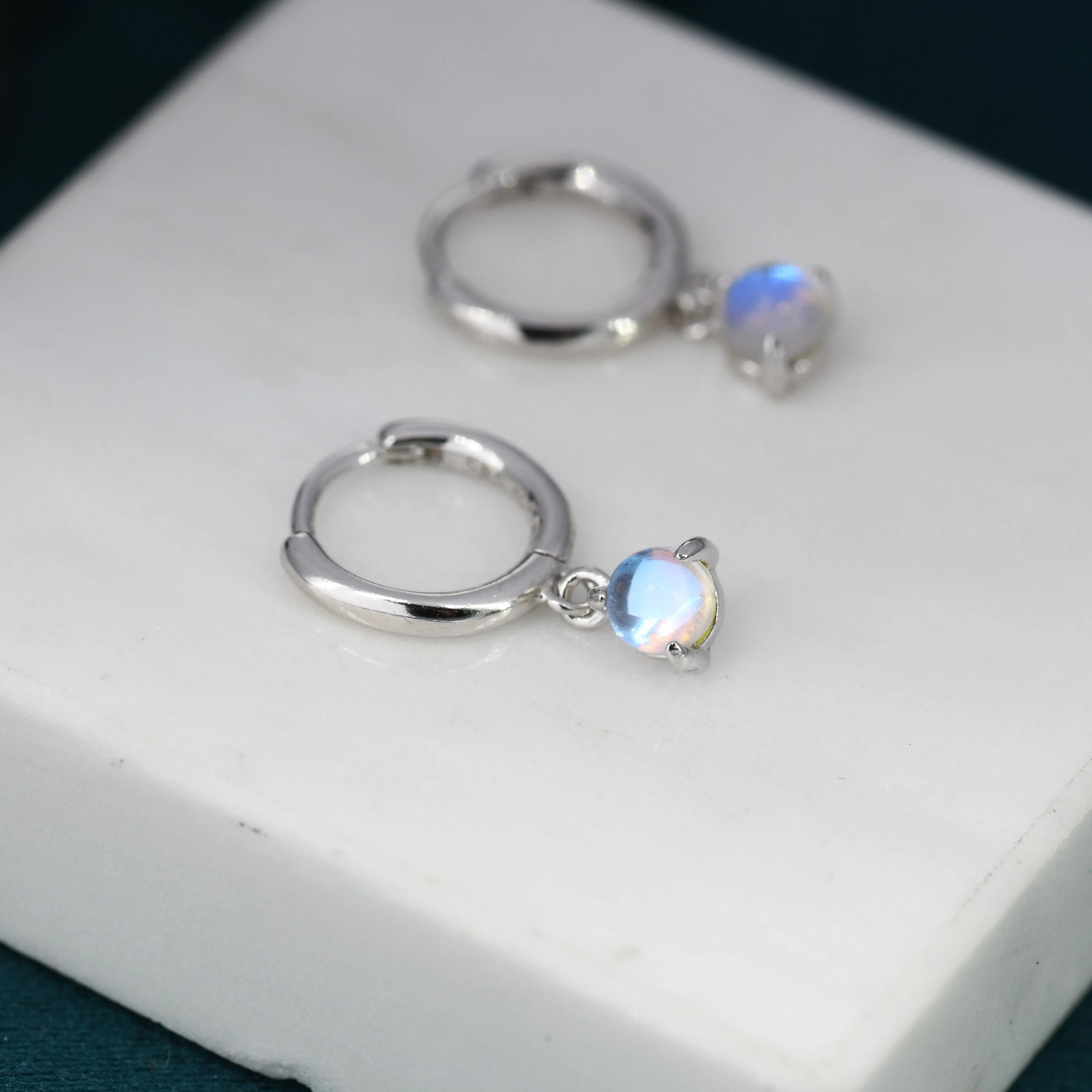 Sterling Silver 4mm Moonstone Hoop Earrings, Lab Moonstone Dangle Hoop Earrings, Silver or Gold - Image 5