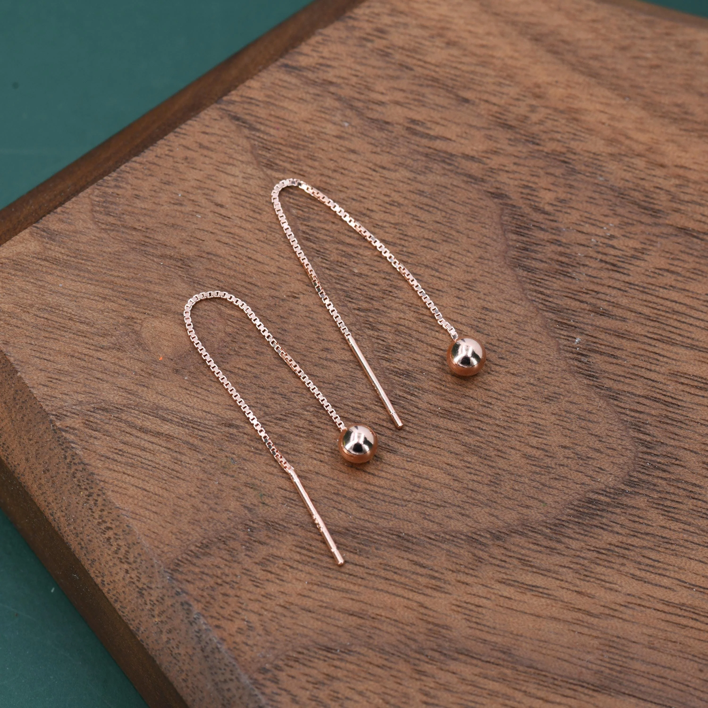 Sterling Silver 6cm Minimalist Ball Ear Threader, Silver or Gold or Rose Gold, Minimal Box Chain Threader earrings - Image 4