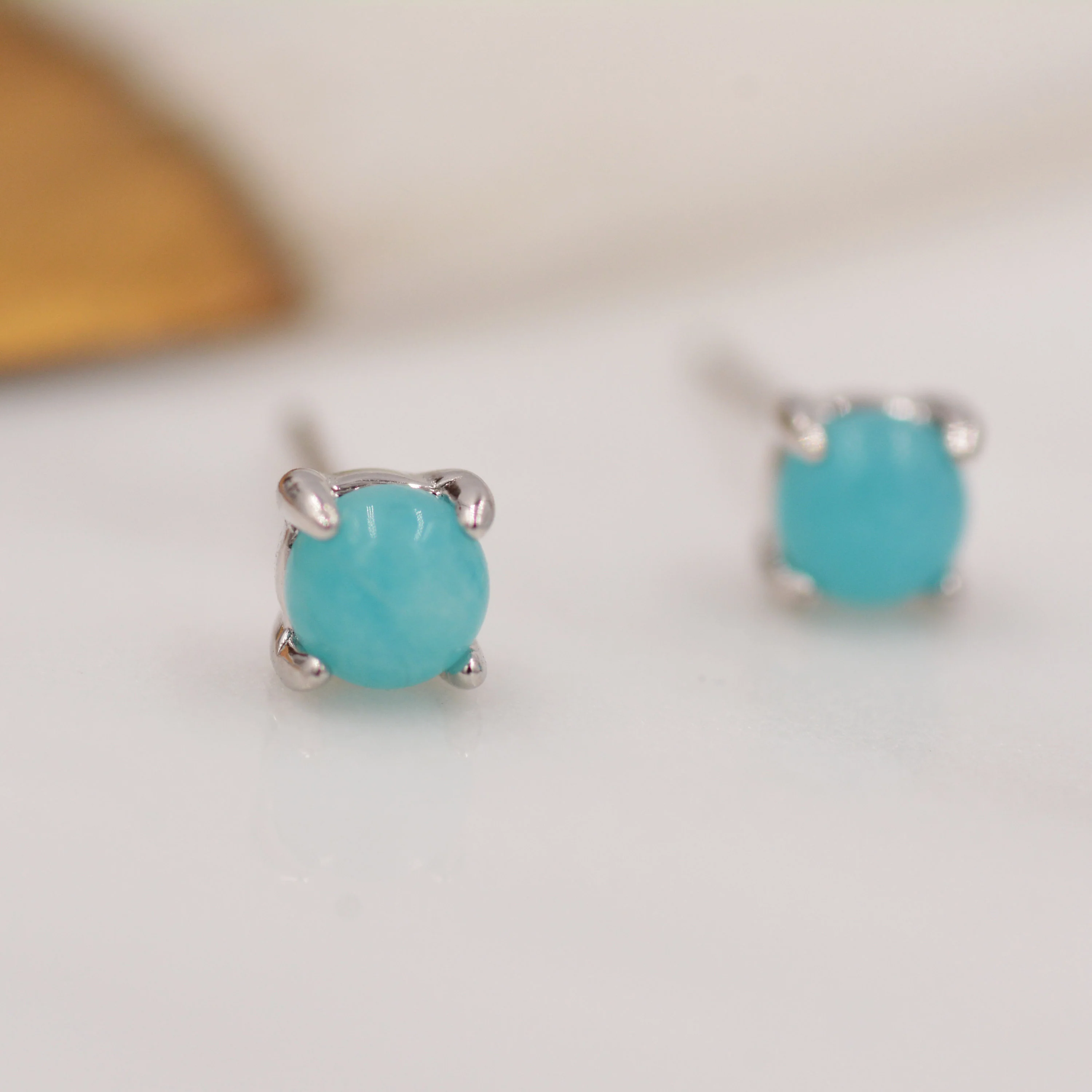 Sterling Silver Amazonite Stud Earrings, 4mm, Genuine tiny Amazonite Gemstone Stud, 4 Prongs, Minimalist Style - Image 7
