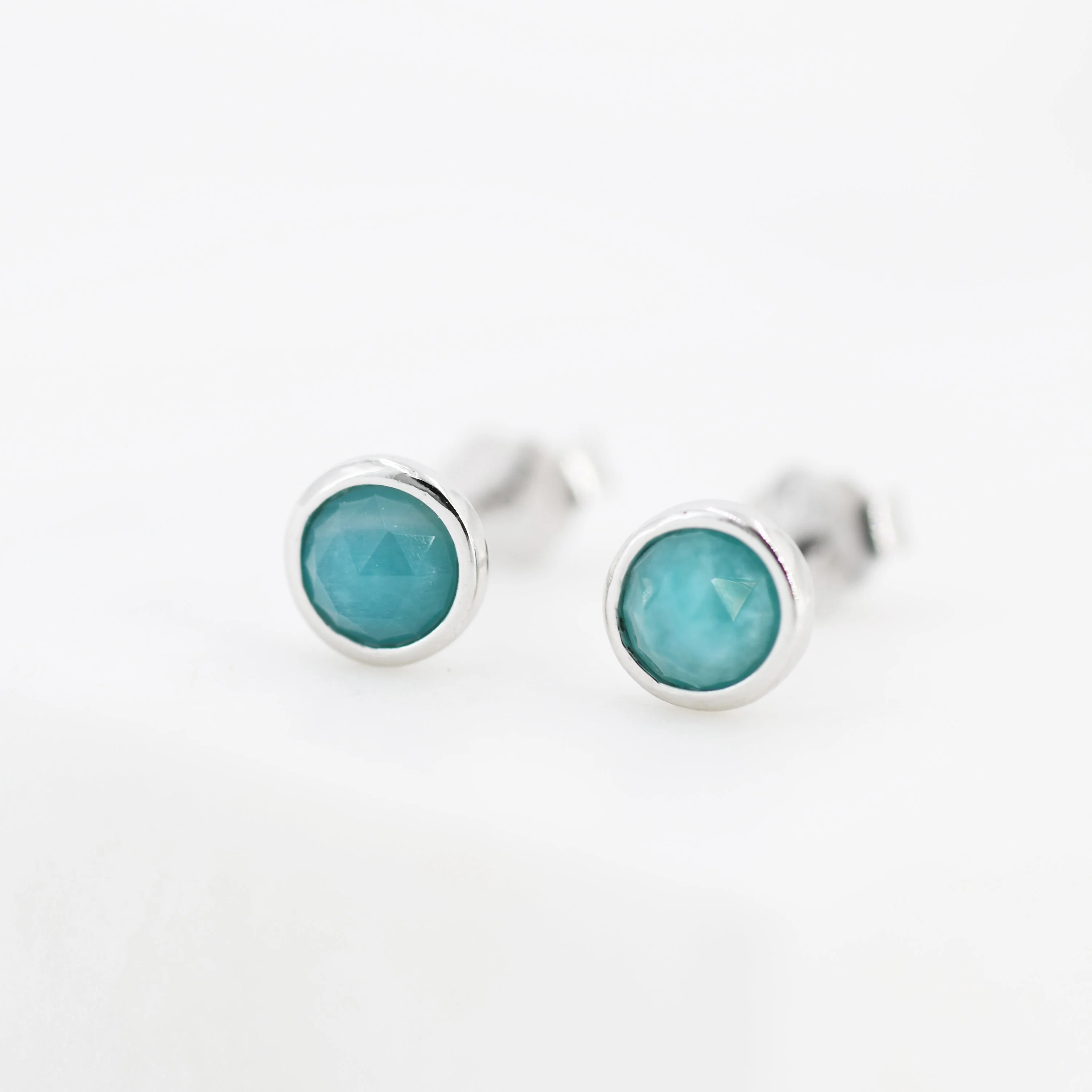 Sterling Silver Amazonite Stud Earrings, 4mm Rose Cut, Genuine tiny Amazonite Gemstone Stud, Bezel, Minimalist Style - Image 4
