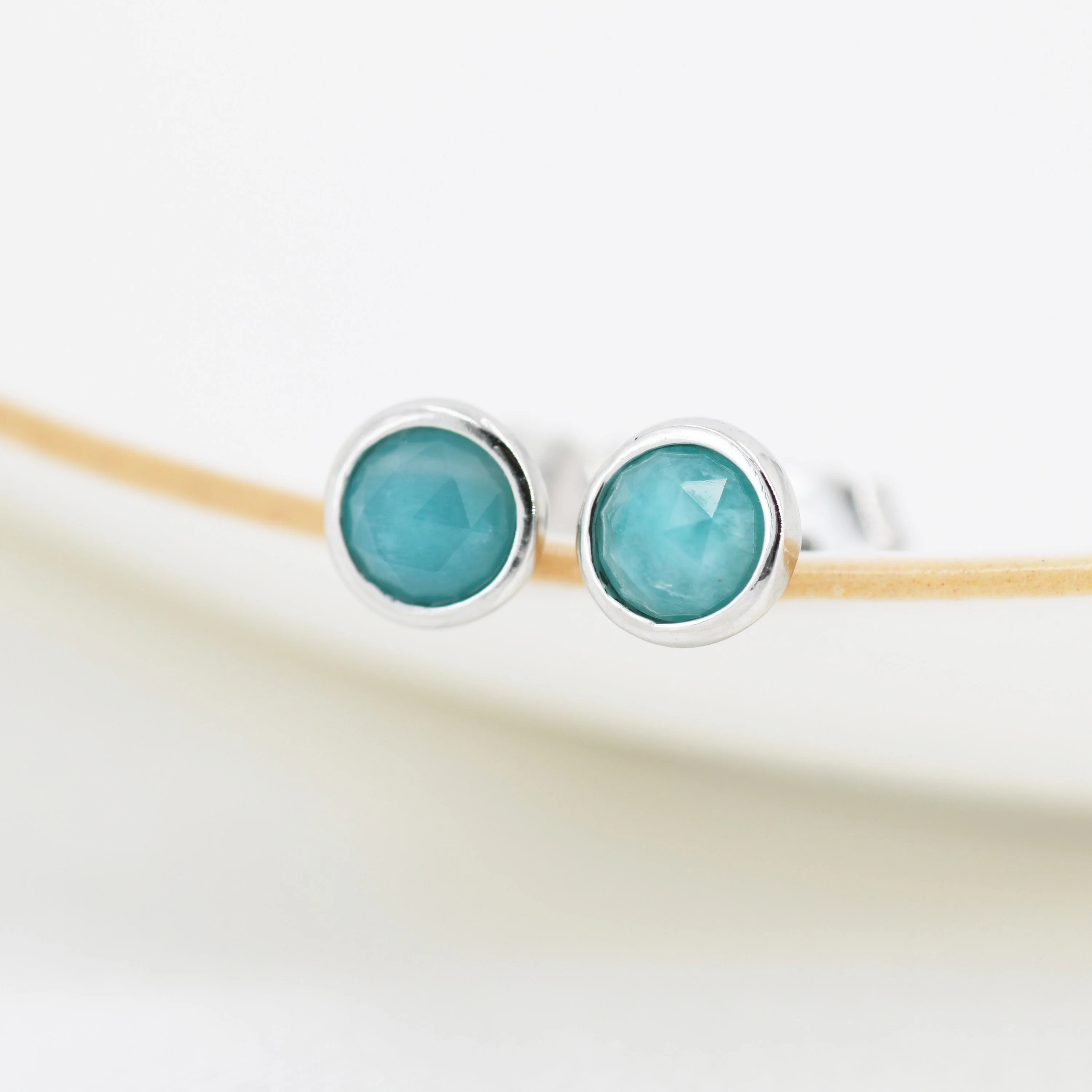 Sterling Silver Amazonite Stud Earrings, 4mm Rose Cut, Genuine tiny Amazonite Gemstone Stud, Bezel, Minimalist Style - Image 6