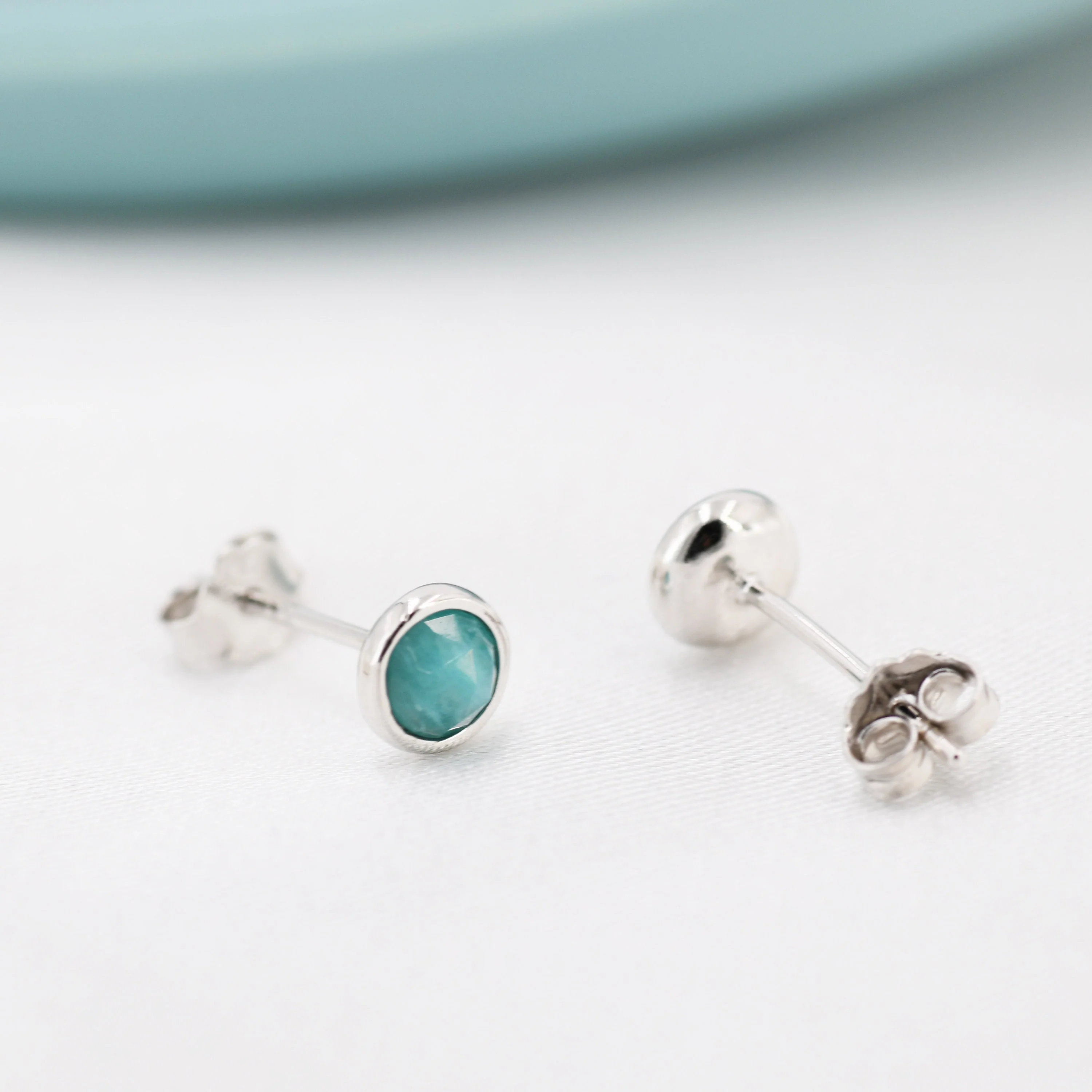 Sterling Silver Amazonite Stud Earrings, 4mm Rose Cut, Genuine tiny Amazonite Gemstone Stud, Bezel, Minimalist Style - Image 8