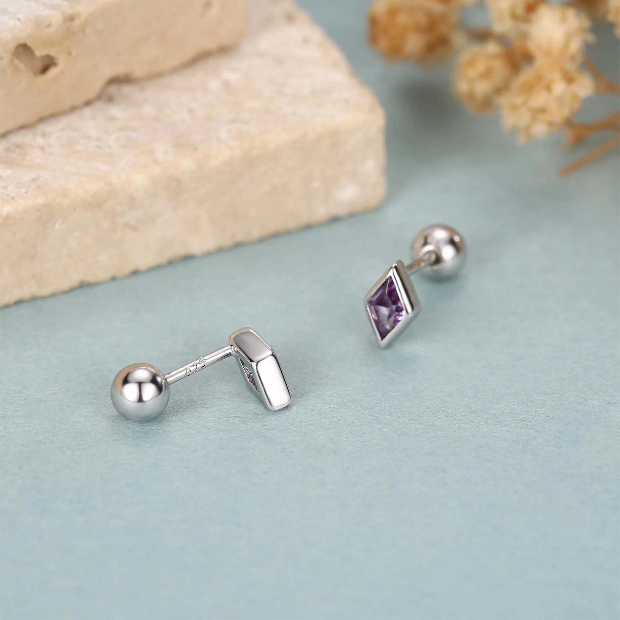 Sterling Silver Amethyst Purple CZ 18G Screw Back Rhombus Stud Earrings with Ball Backs - Image 5