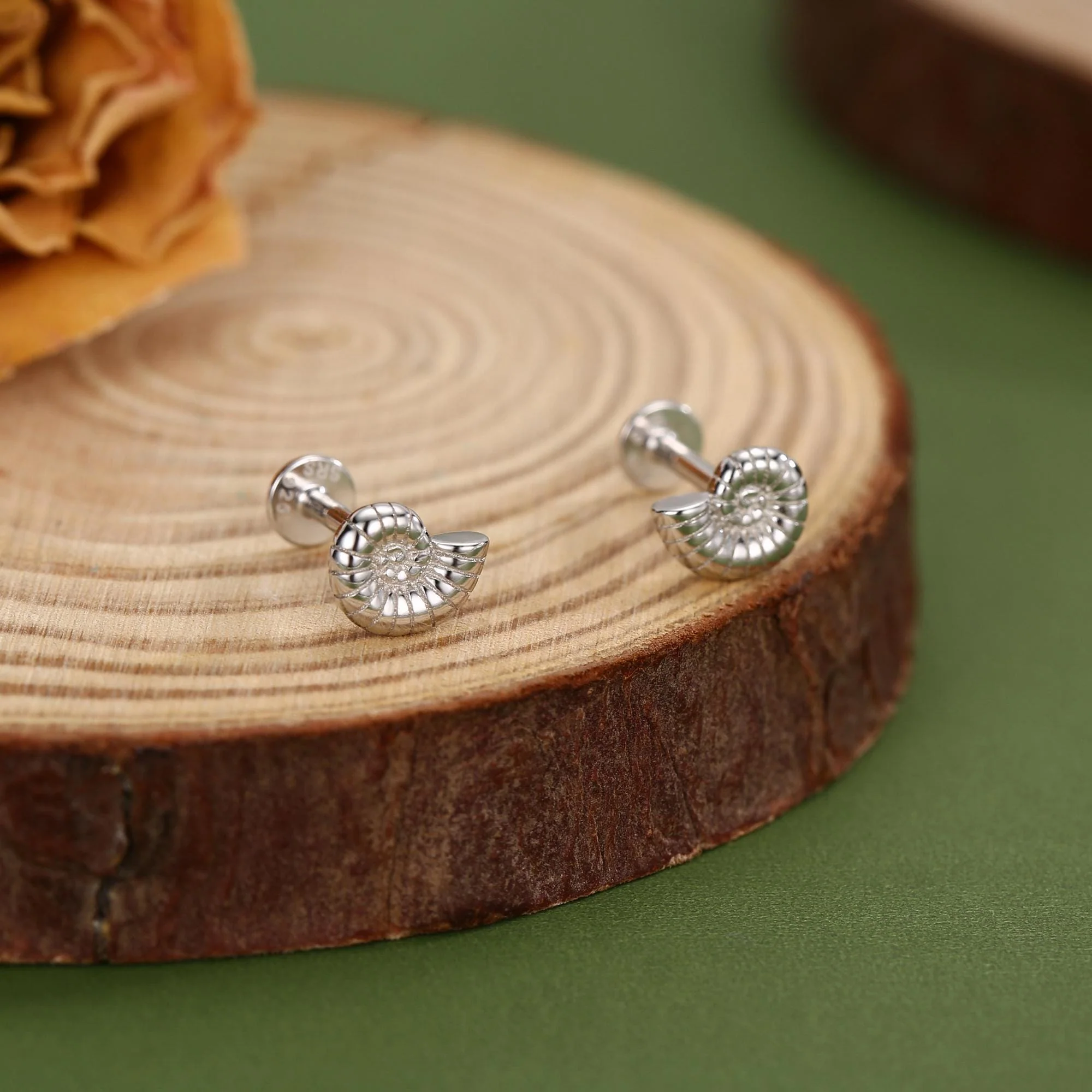 Sterling Silver Ammonite 16G Flat Back Labret Earrings - Image 3