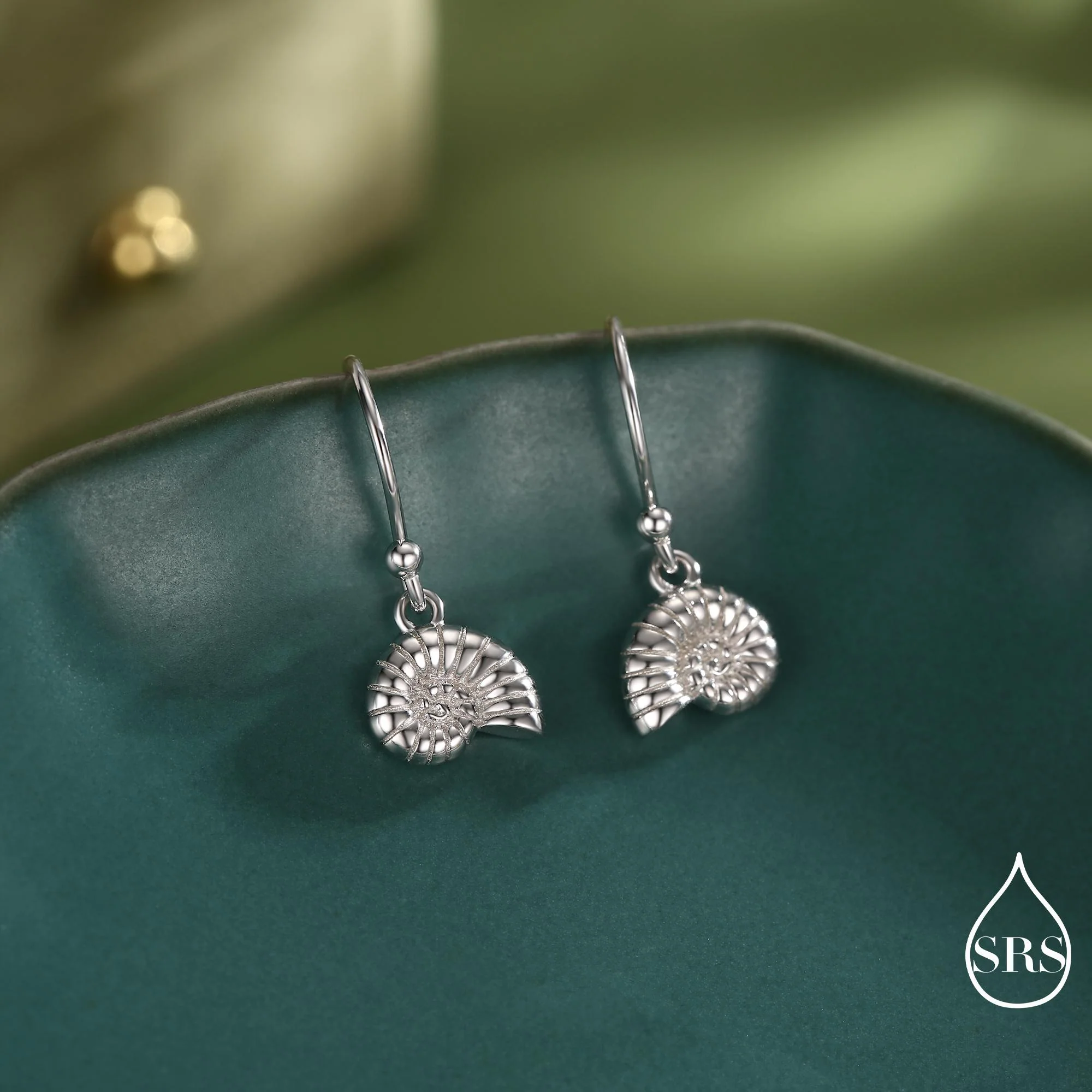 Sterling Silver Ammonite Shell Dangle Earrings – Polished Nautilus-Inspired Design - Silver, Gold or Rose Gold Finish