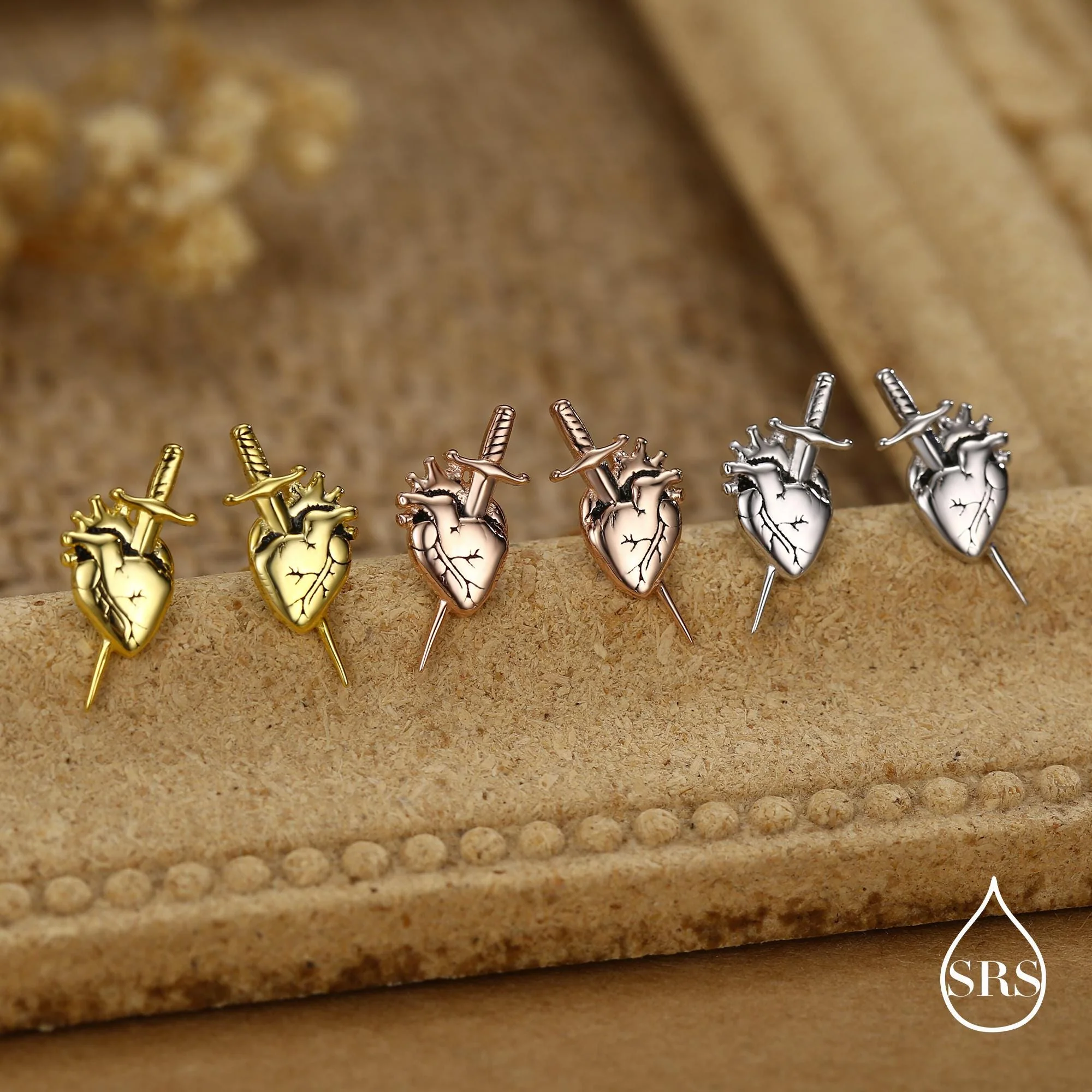 Sterling Silver Anatomical Heart Dagger Stud Earrings - Image 3