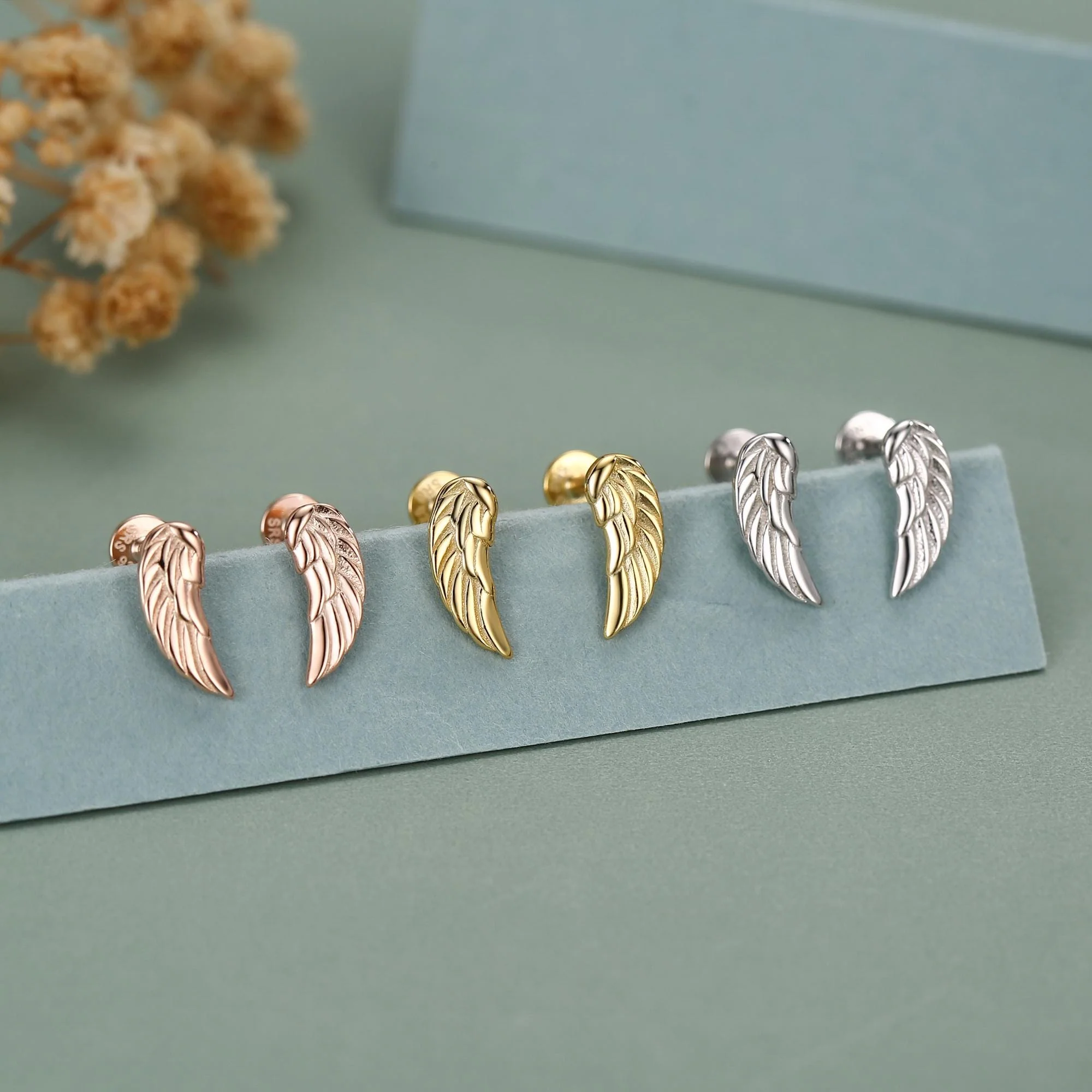 Sterling Silver Angel Wing 16G Flat Back Labret Earrings - Image 3