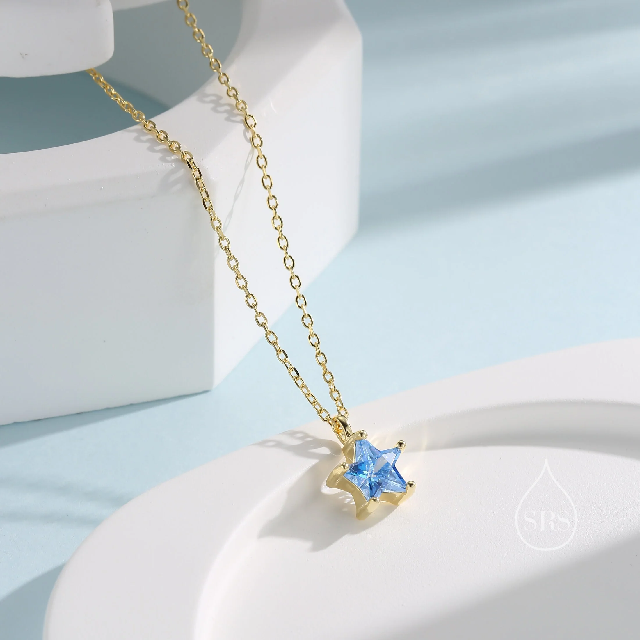 Sterling Silver Aqua Blue CZ Star Pendant Necklace, Silver or Gold, Blue Star Necklace - Image 3