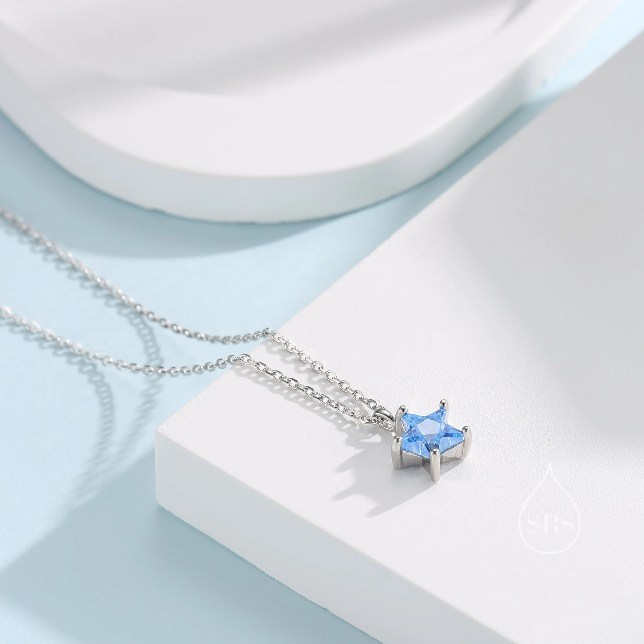 Sterling Silver Aqua Blue CZ Star Pendant Necklace, Silver or Gold, Blue Star Necklace - Image 4