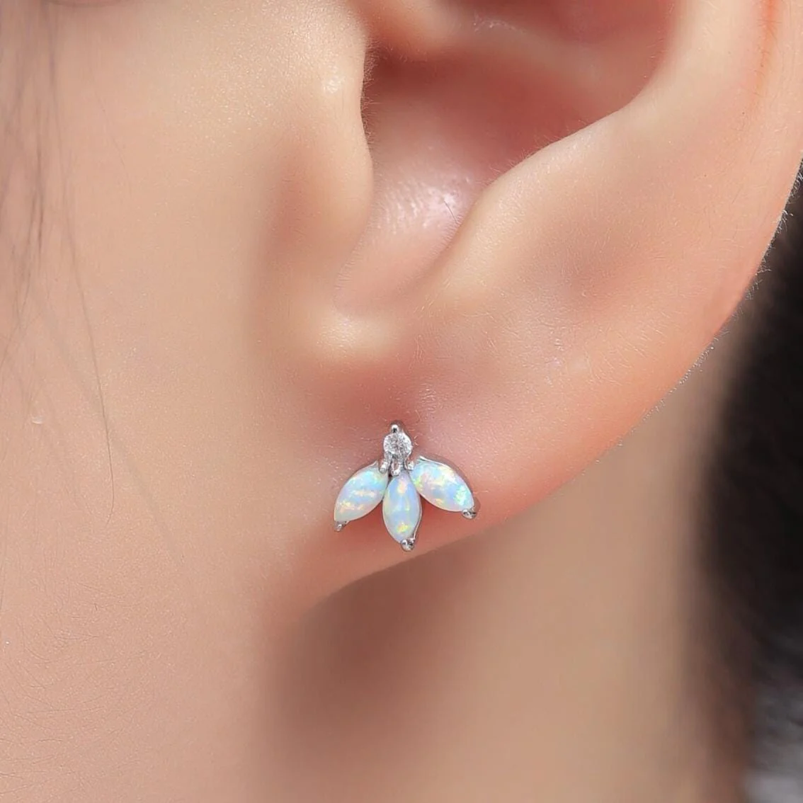 Sterling Silver Aqua Green Opal Marquise Cluster CZ Stud Earrings, Marquise Fan Stud, Blue Opal Crown Stud, Gold or Silver, Minimalist - Image 2