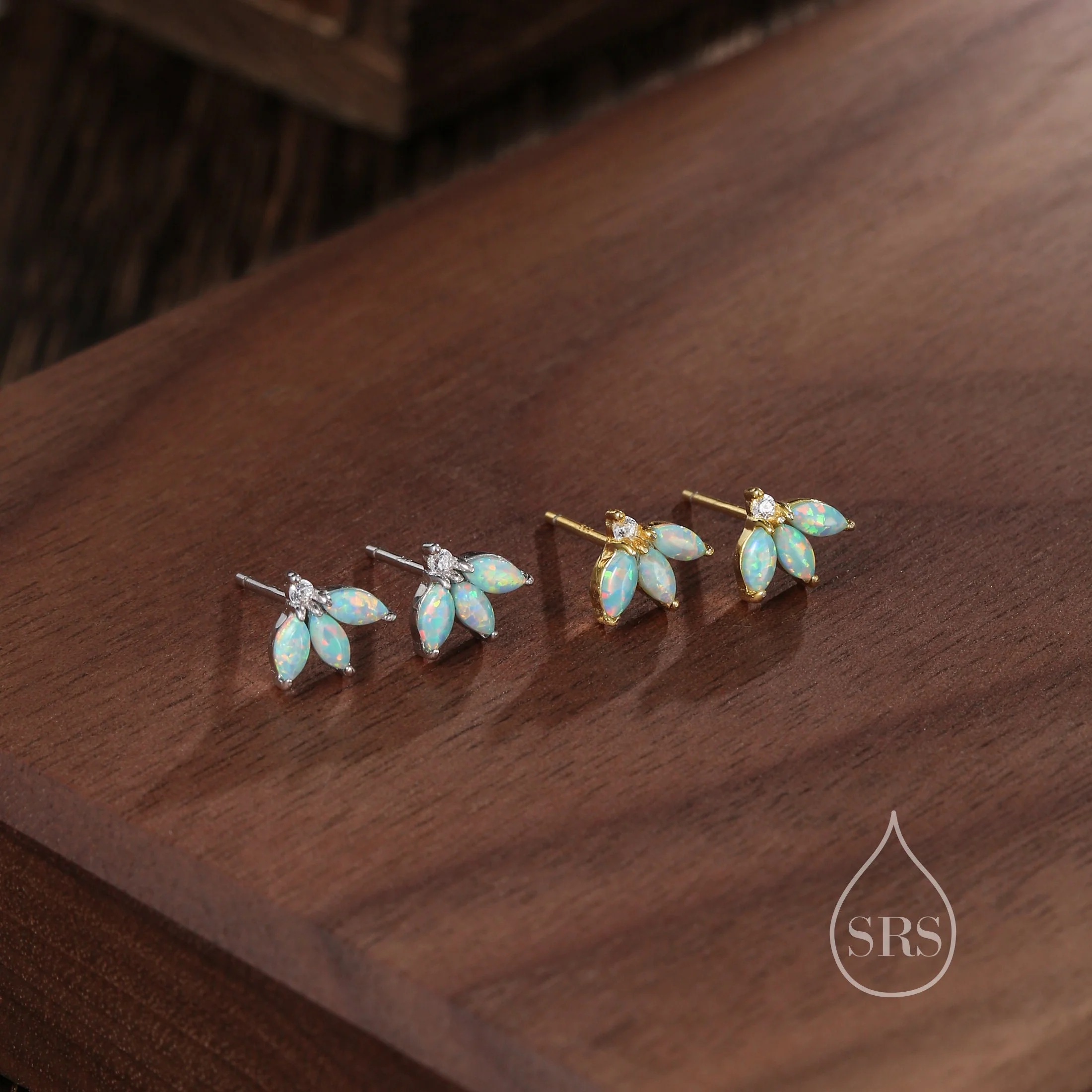 Sterling Silver Aqua Green Opal Marquise Cluster CZ Stud Earrings, Marquise Fan Stud, Blue Opal Crown Stud, Gold or Silver, Minimalist - Image 6