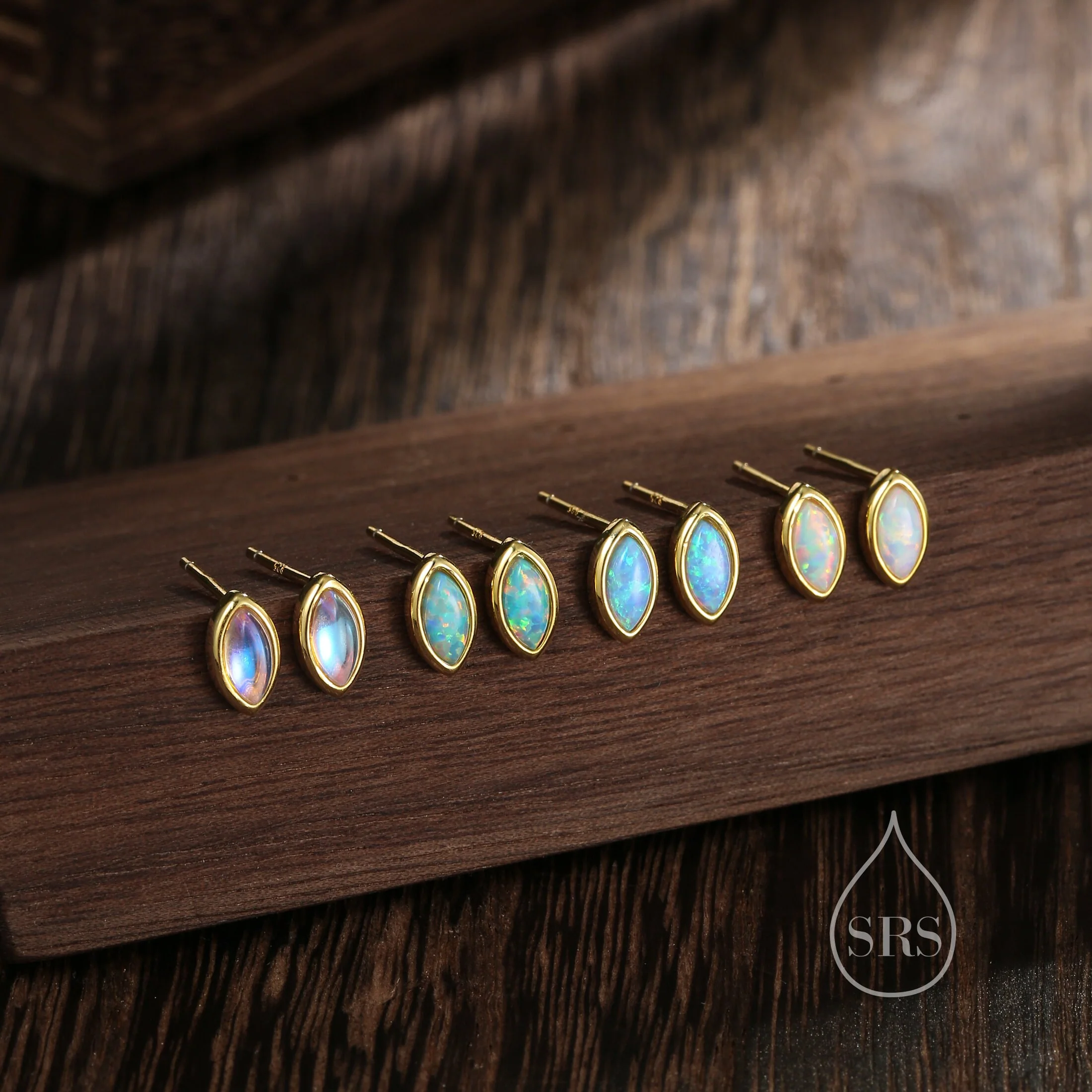 Sterling Silver Aqua Green Opal Marquise Stud Earrings, 3x6mm Marquise Stud, Lab Blue Opal Tiny Earrings, Gold or Silver, Minimalist - Image 6