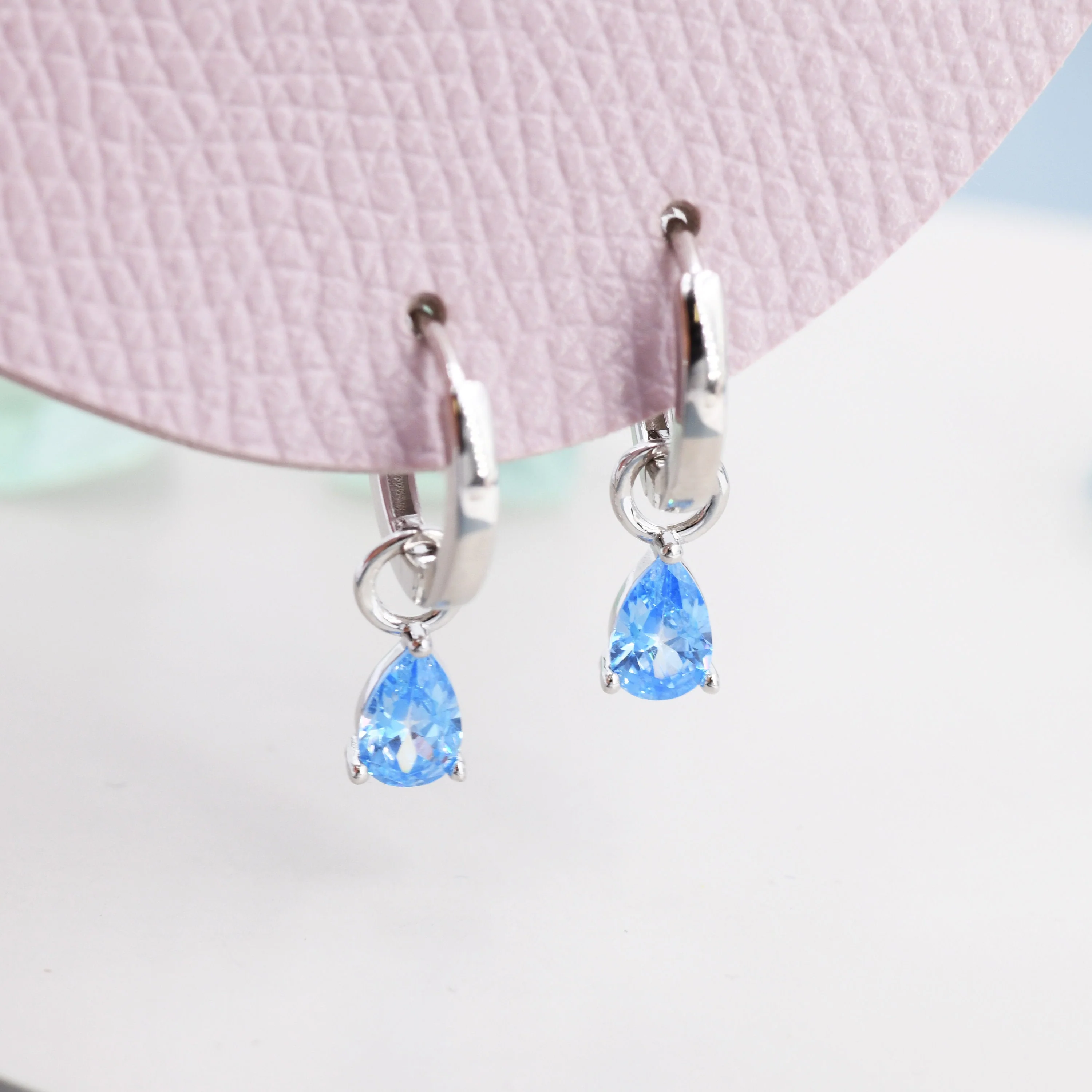Sterling Silver Aquamarine Blue Pear Cut CZ Huggie Hoop Earrings, Droplet Dangle Hoop Earrings, Interchangeable Charm, March Birthstone - Image 3