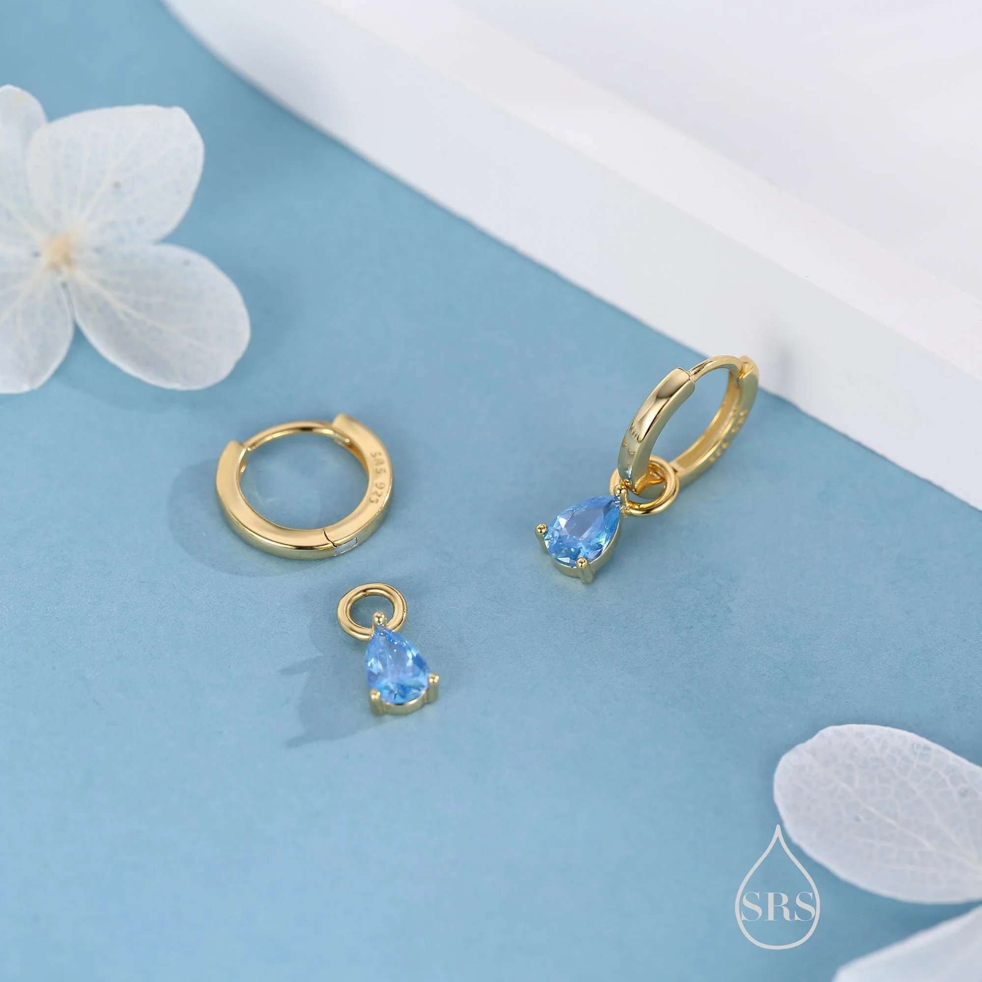 Sterling Silver Aquamarine Blue Pear Cut CZ Huggie Hoop Earrings, Droplet Dangle Hoop Earrings, Interchangeable Charm, March Birthstone - Image 6