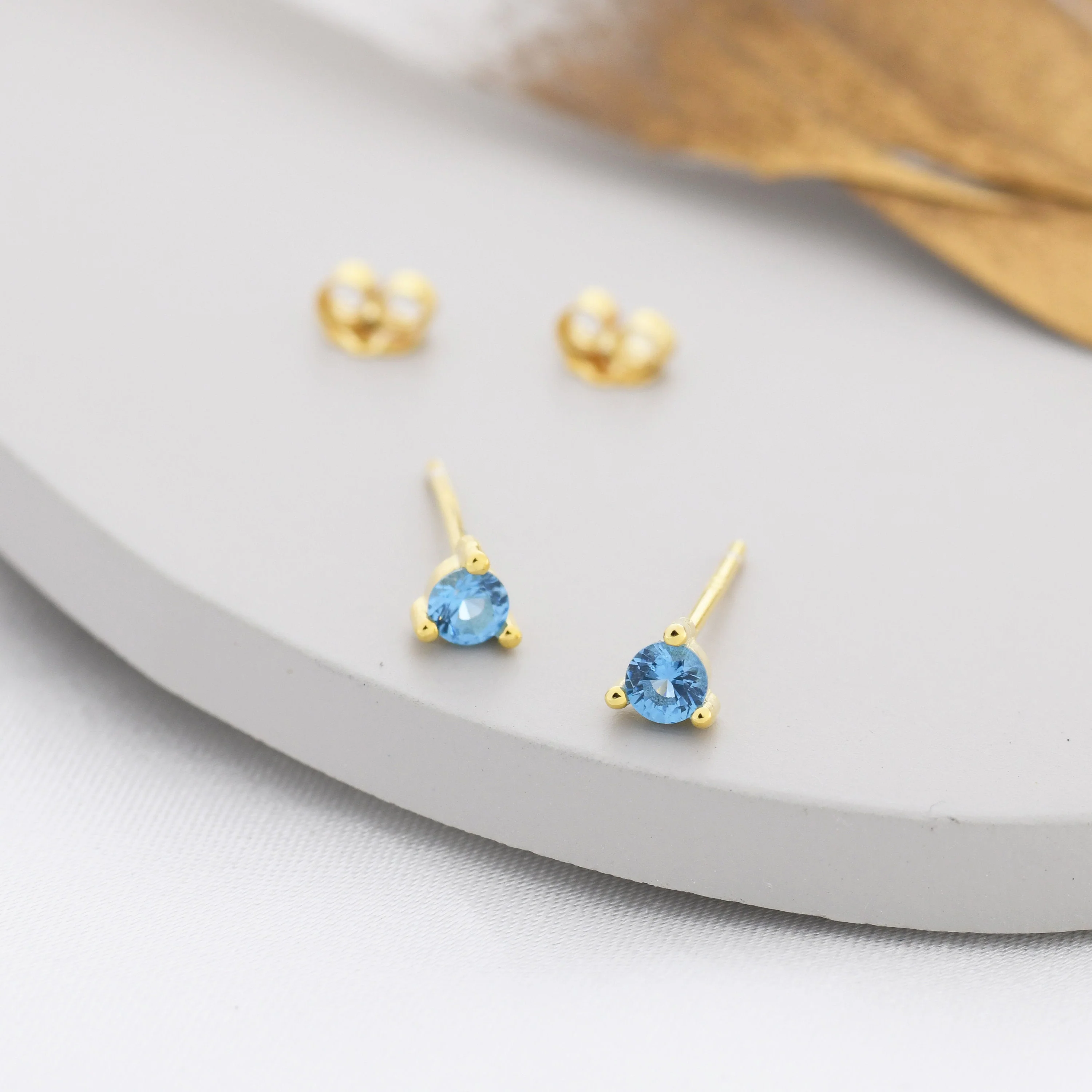 Sterling Silver Aquamarine Blue Stud Earrings,  3mm March Birthstone CZ Earrings, Three Prong, Silver, Gold or Rose Gold, Stacking Earrings - Image 3