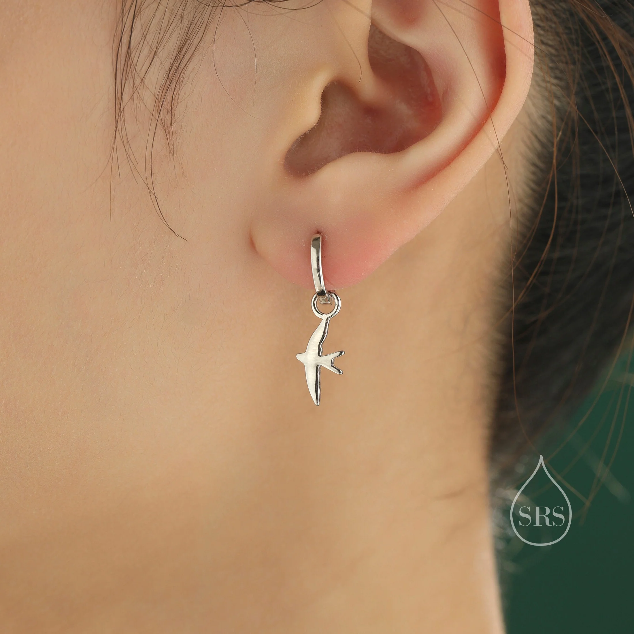 Sterling Silver Asymmetric Flying Bird Dangle Huggie Hoops, Detachable Bird Hoop Earrings, Detachable Swallow Bird Hoop Earrings - Image 2