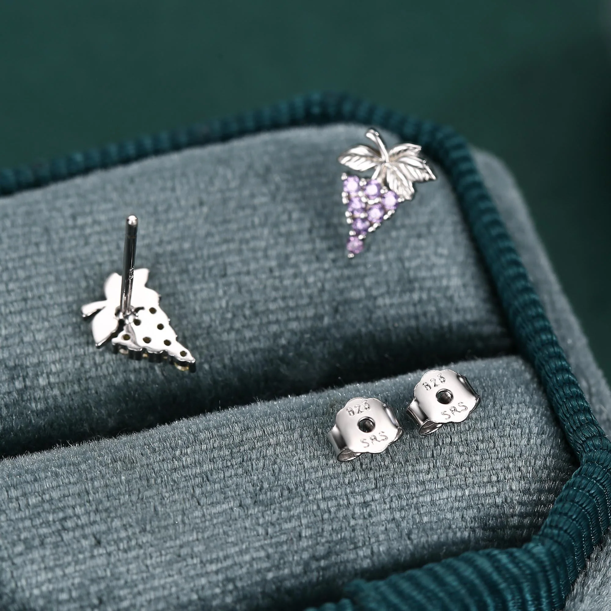 Sterling Silver Asymmetric Grape CZ Stud Earrings - Image 8